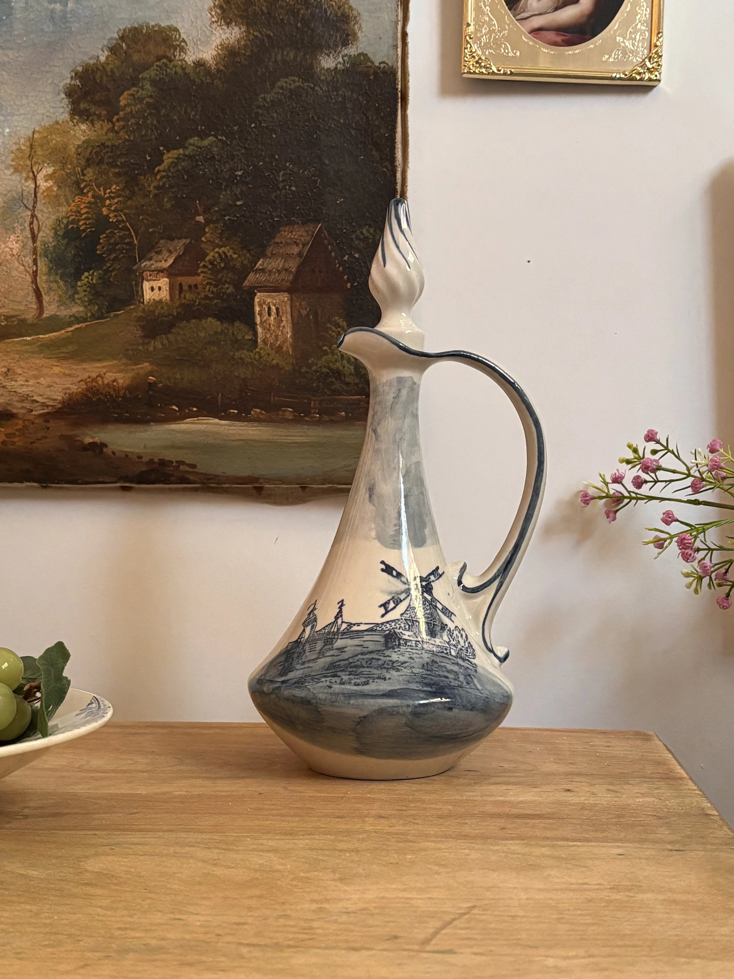 French Pitcher / Decorative Liquor Bottle, Ceramic, Labbé François, Windmill, Sailing Boats, Blue and White, 9”