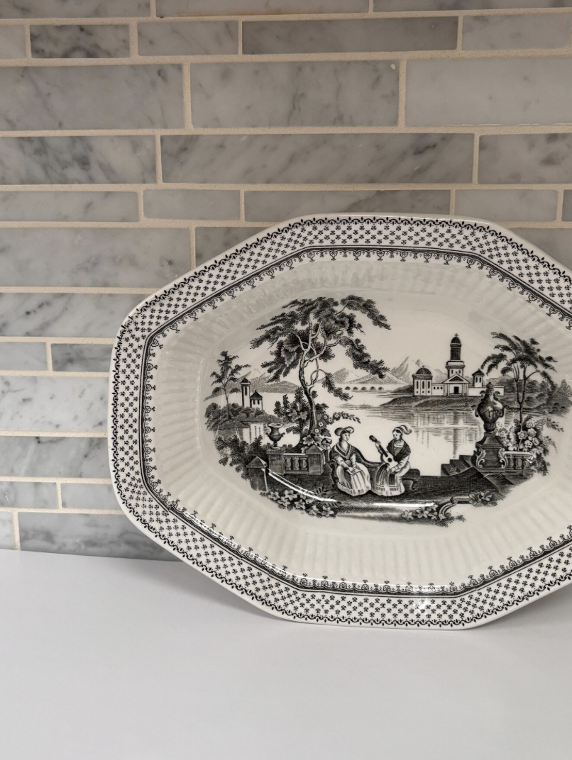 Vintage Adam's 'Minuet' Black and White Ironstone Serving Bowl