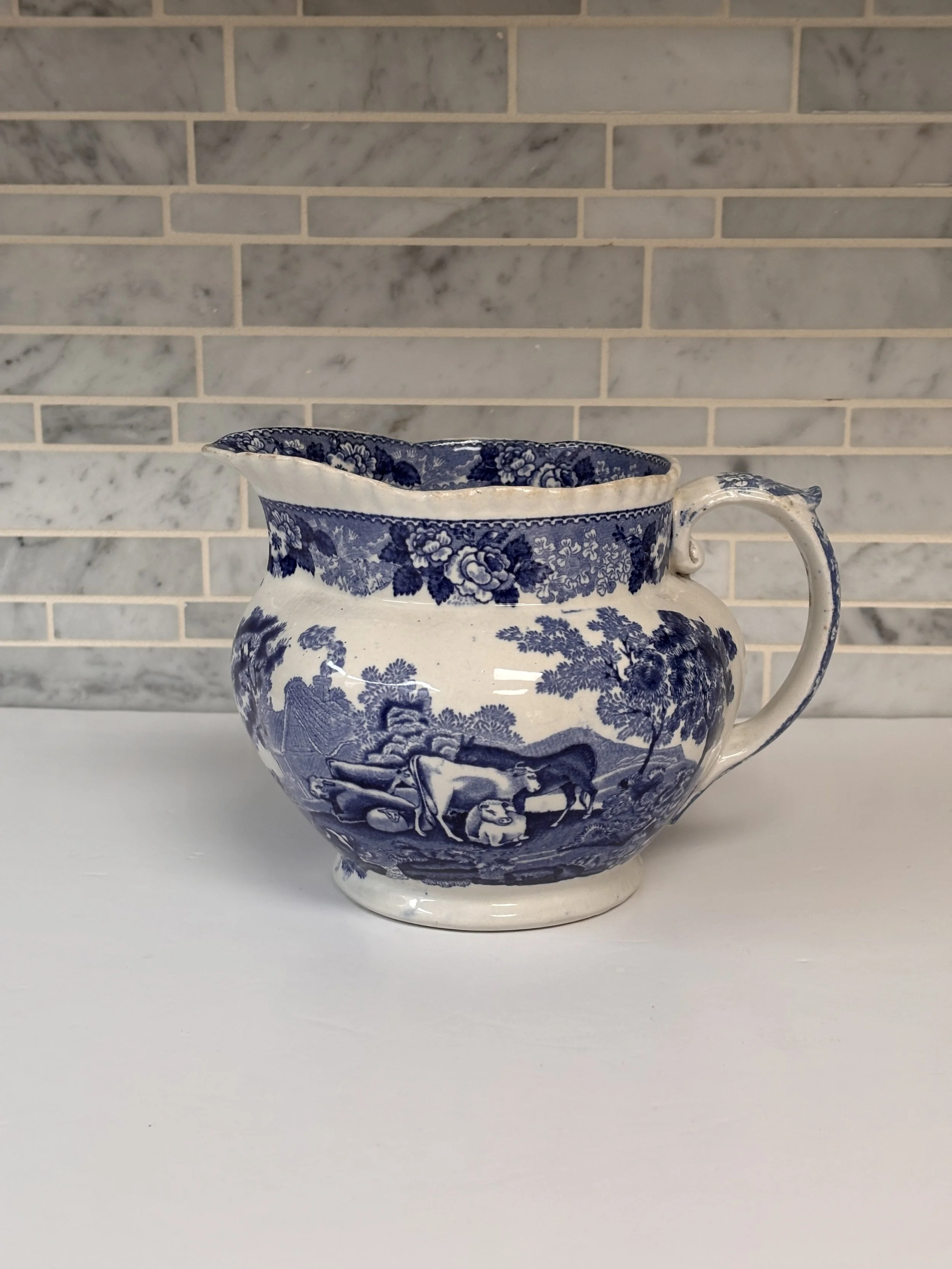 Antique Blue And White Transferware Ironstone Pitcher
