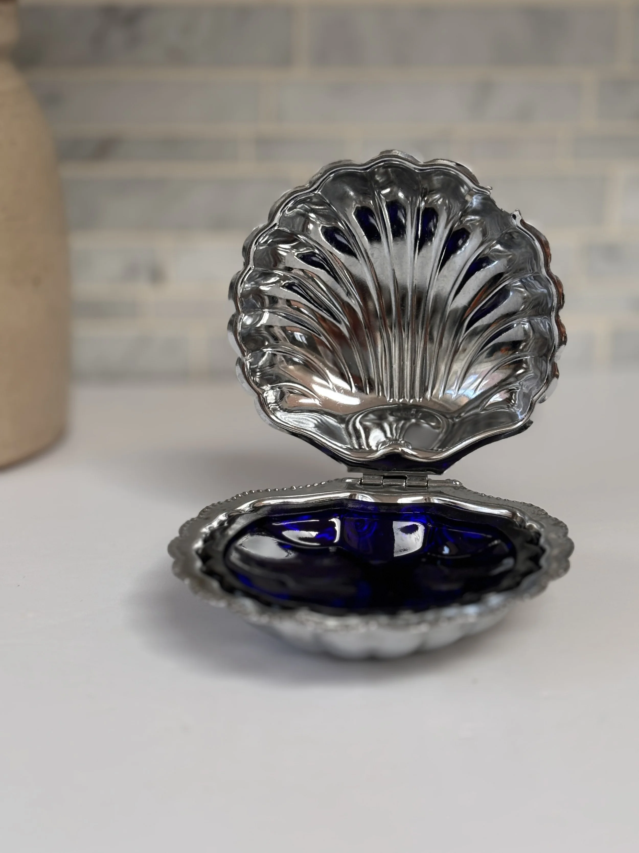 Vintage Chrome Clam Dish With Cobalt Blue Glass Dish