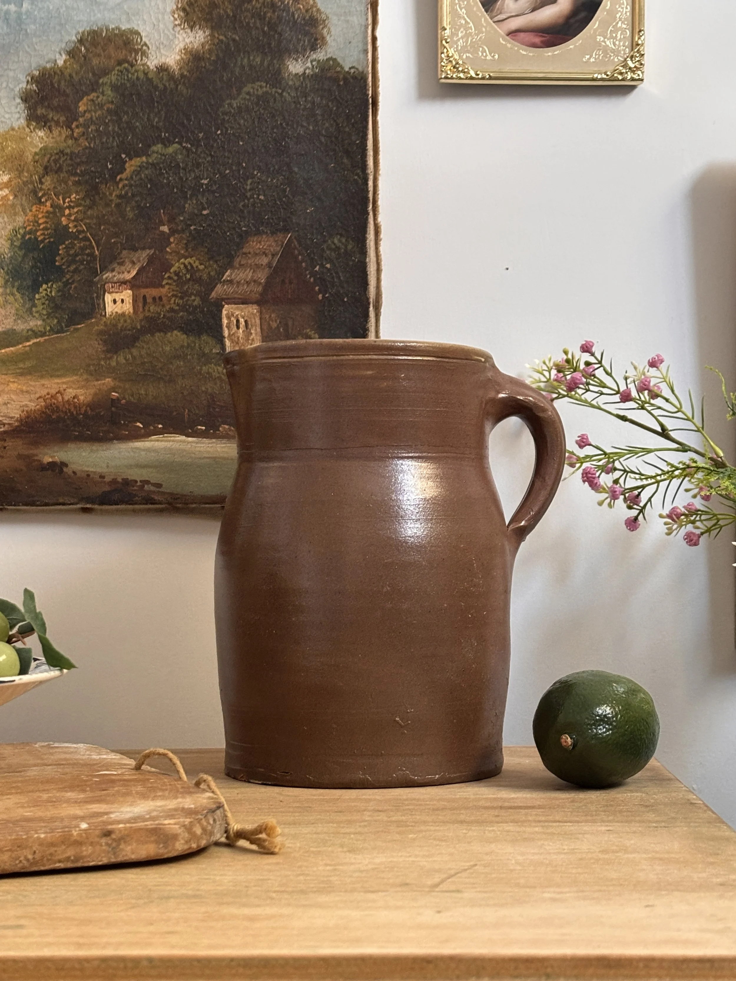 Vintage French Brown Toned Glazed Stoneware Pitcher