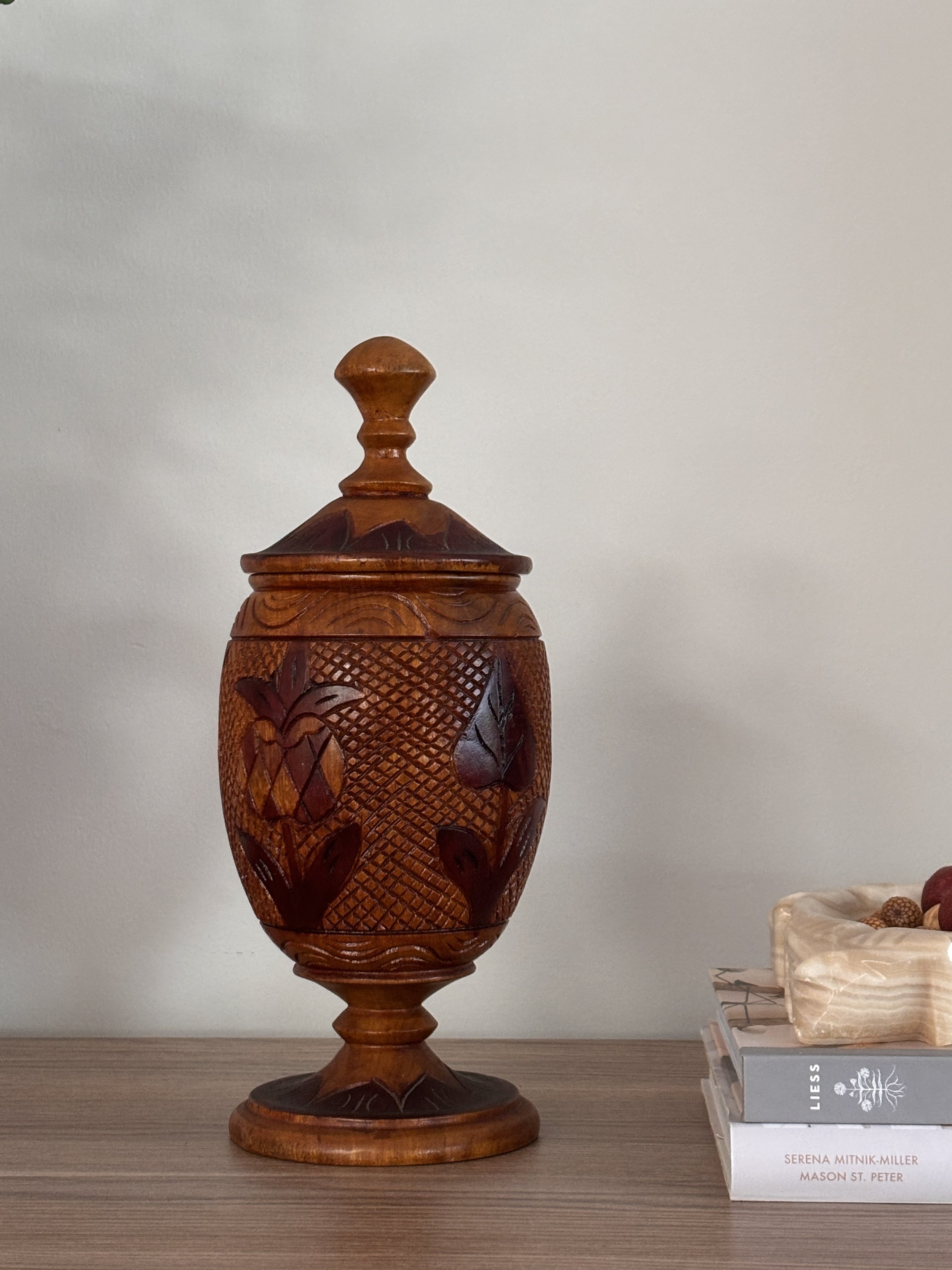 Vintage Hand Carved Wood Turned Flower Pedestal Jar