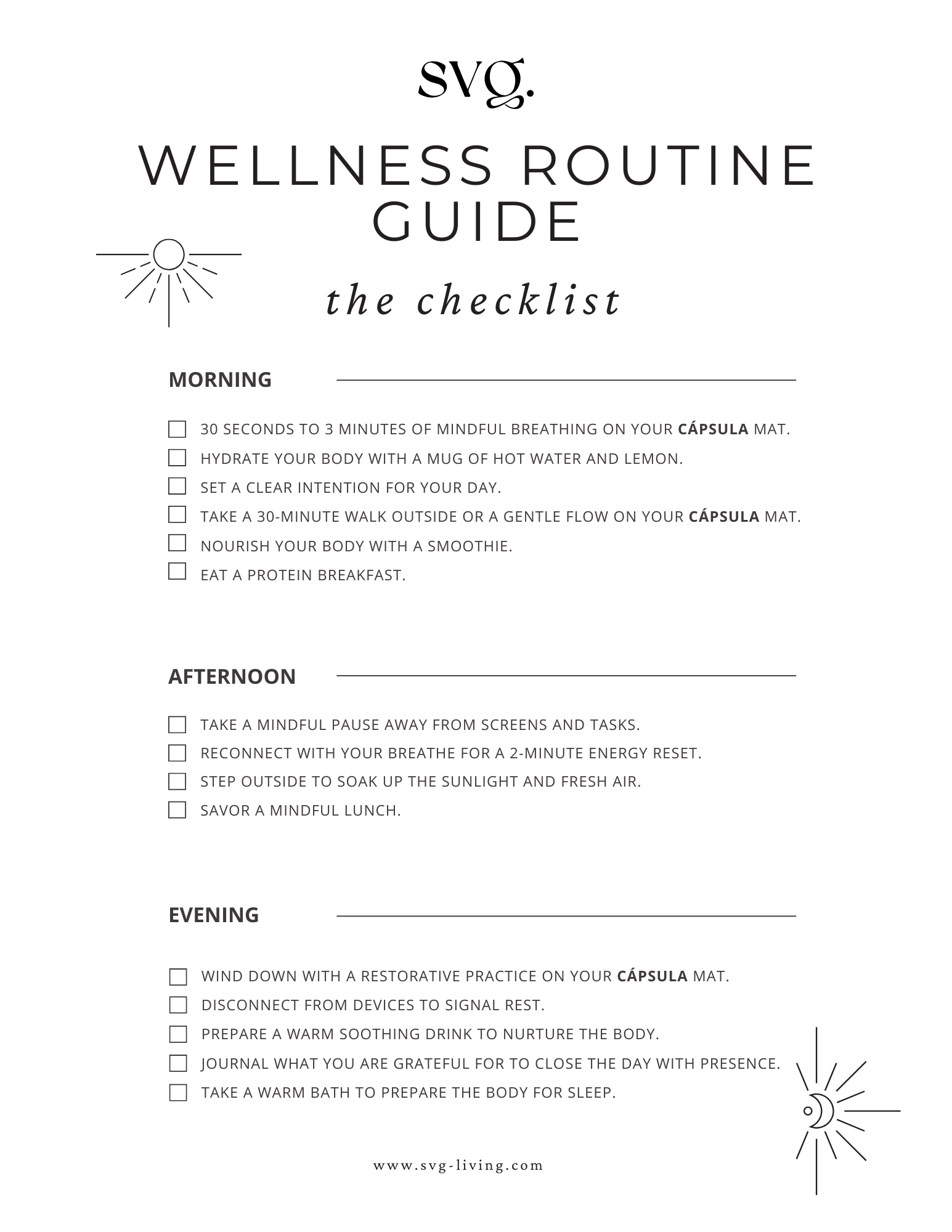 Wellness routine guide checklist with morning, afternoon, and evening activities.