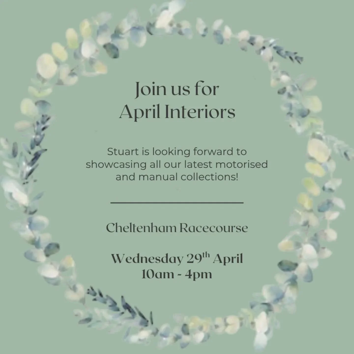 Stuart's looking forward to meeting you all at April Interiors, Cheltenham Racecourse this Wednesday 29th April!
