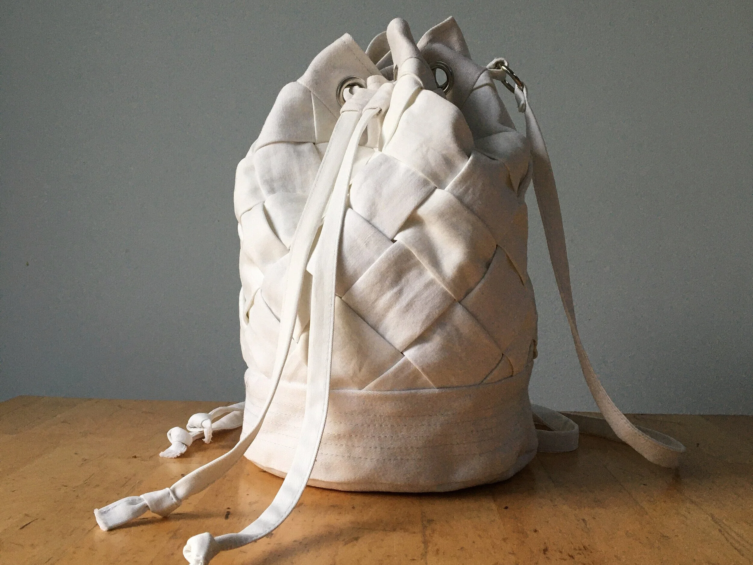 White denim woven drawstring bag