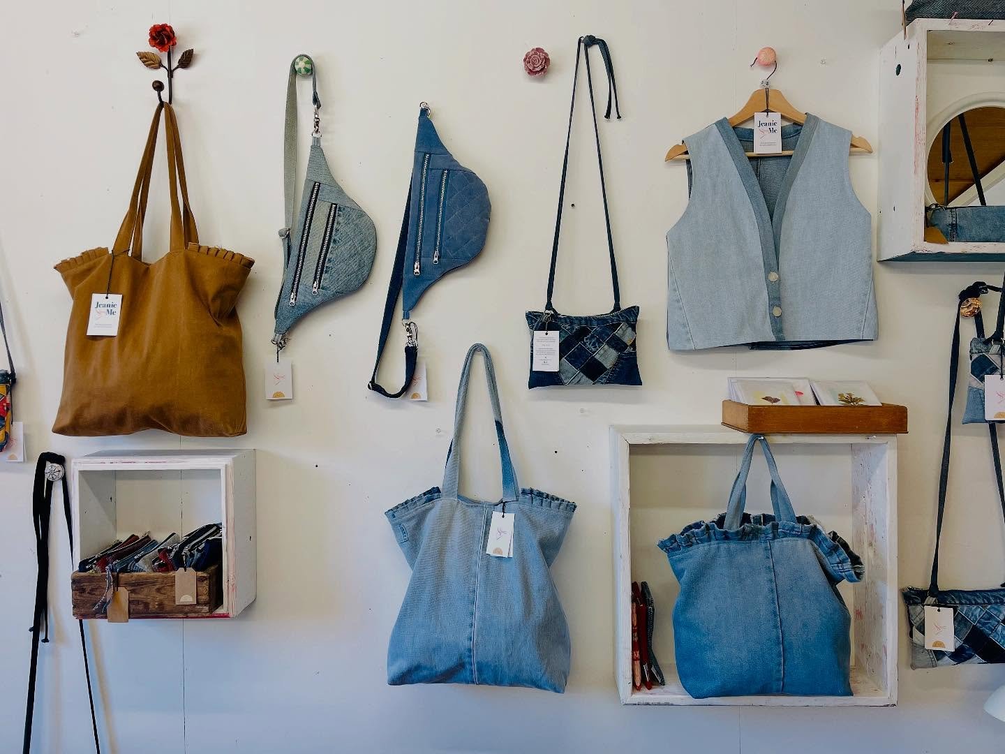 I&rsquo;m elbow deep in tweed this week: working on a big order. 

So no new makes ~ but a lovely wall of denim, all available if you need a new bag for the weekend! ☀️

#recycledjeans #summerbag #denimbag