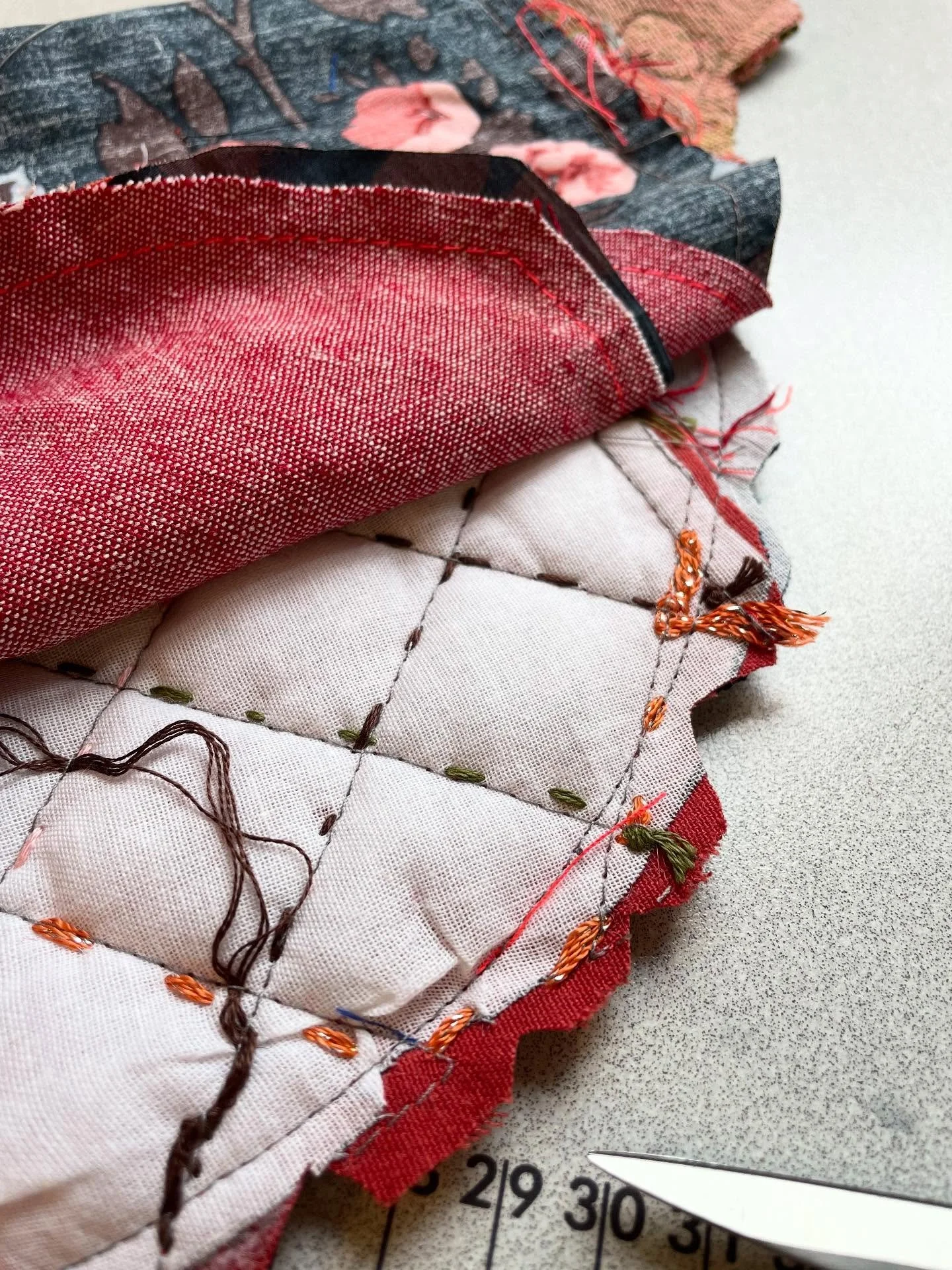 Inner Workings… a beautiful mess of basting stitches, bobbin threads and tie-off knots
layers of 
wadding 
interfacing
lining
lay together, fused, pinned in place, stitched, clipped and even then possibly not perfectly aligned but 
Strong.