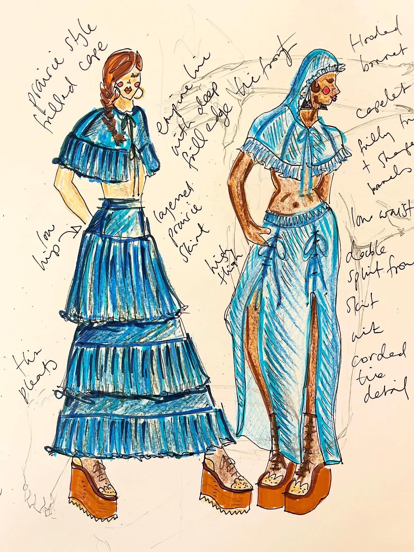 More fashion show design fun!

Denim capes with deep frill hems and sassy lips 💋 

And can someone make these shoes please?! 

#recycledjeans #fashionillustration