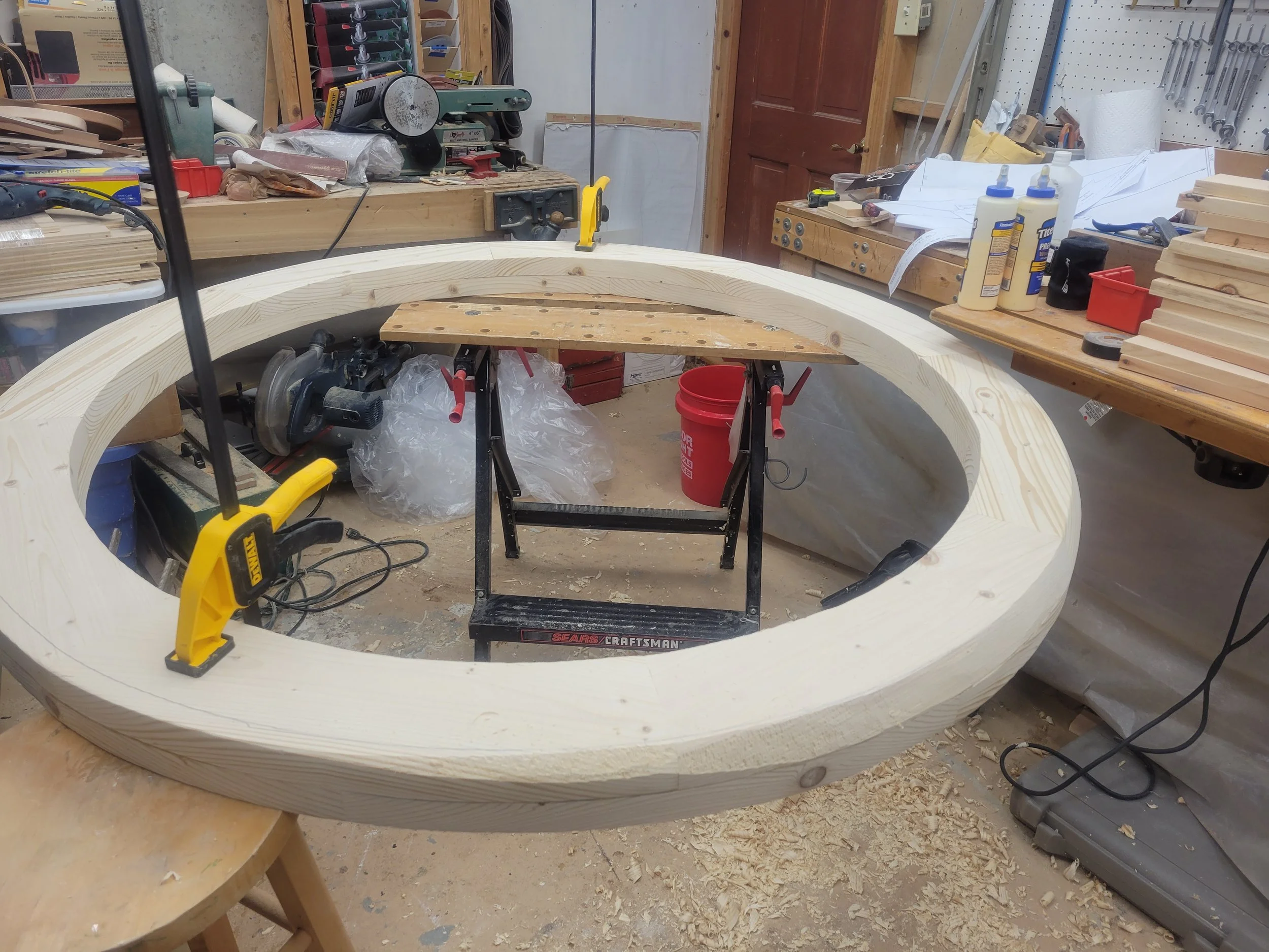 Center ring is ready for drilling rafter mortises