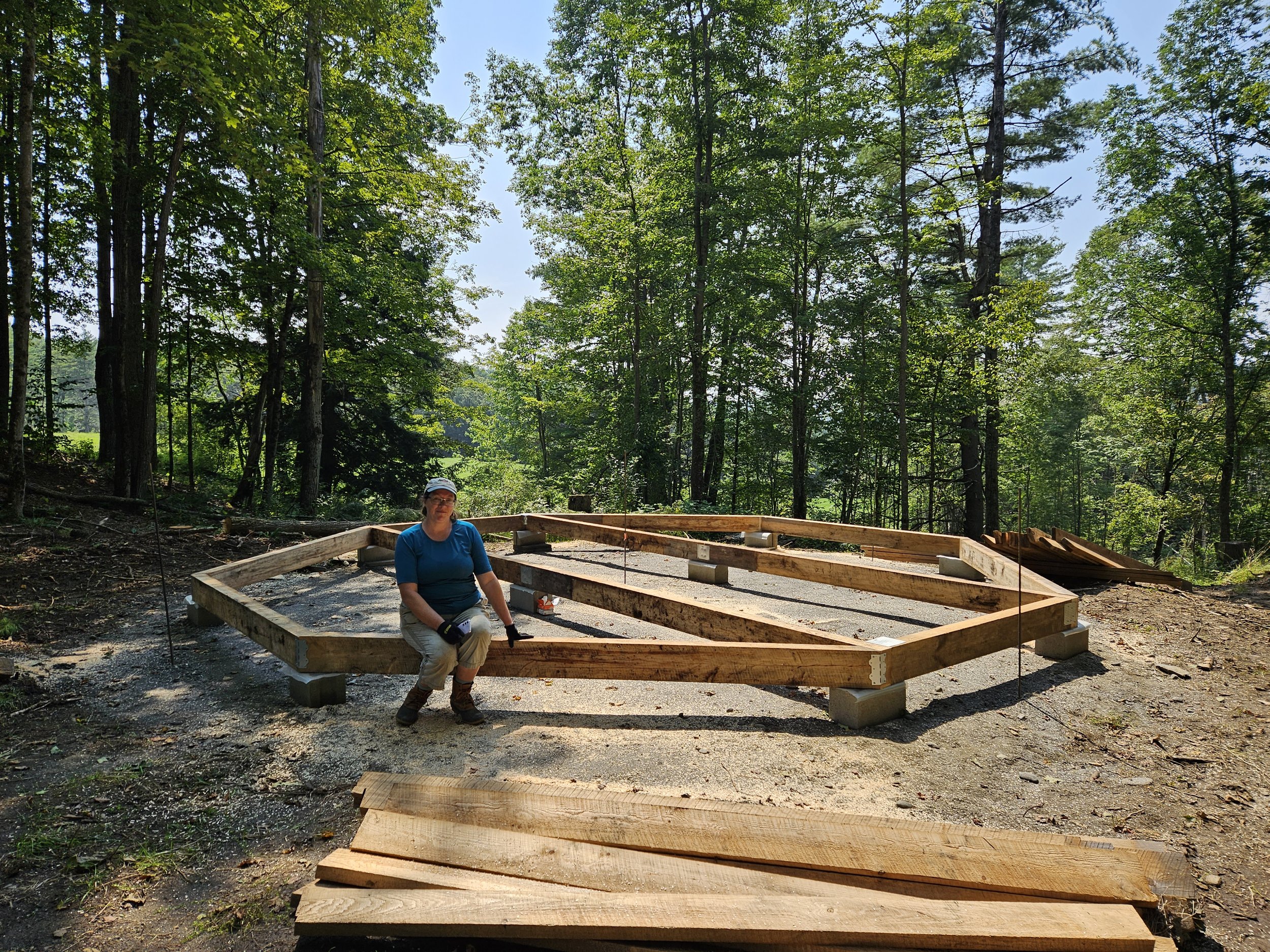 Platform octagon base is up! These are 6' x 12' beams made of freshly cut hemlock