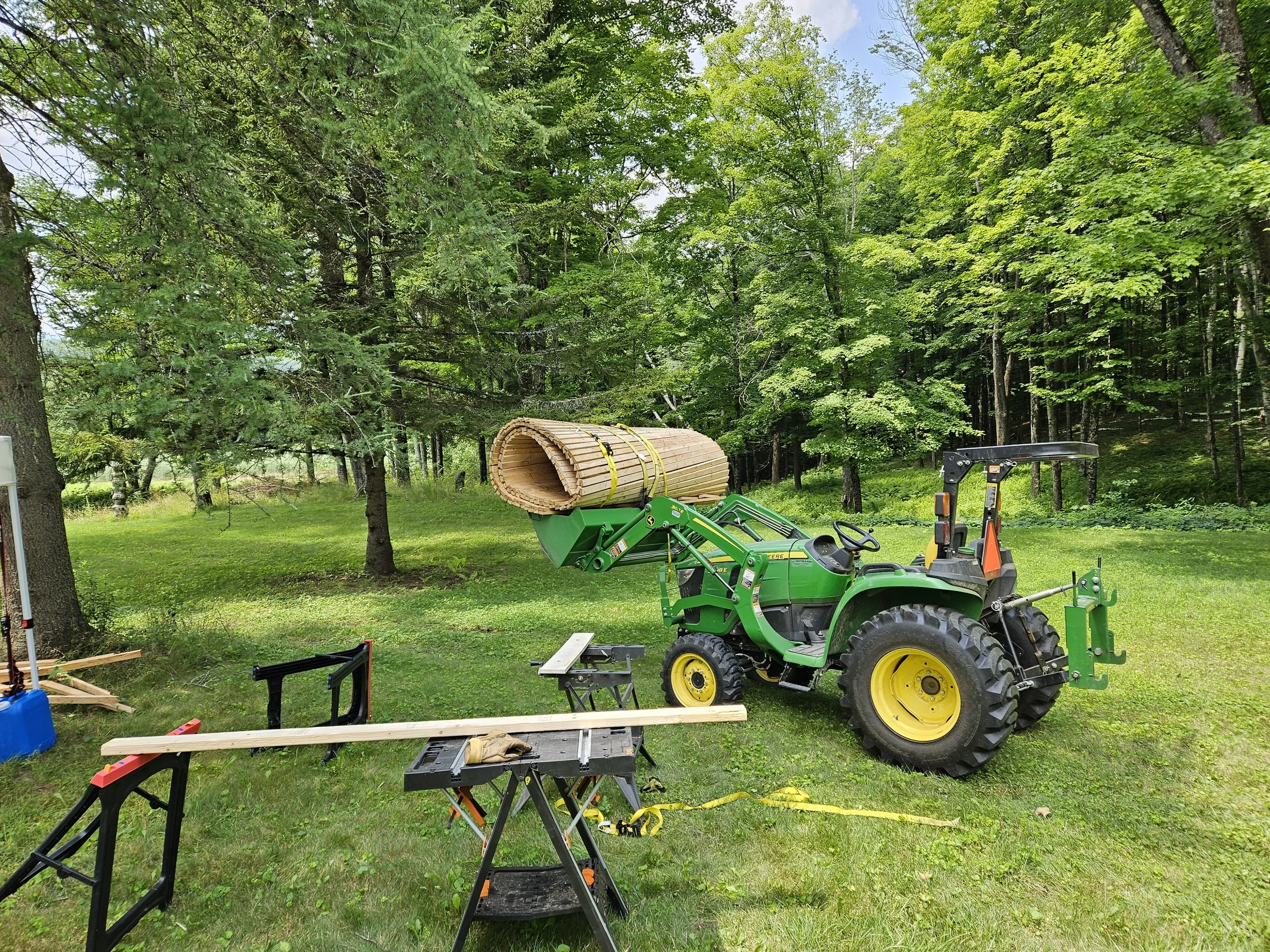 Transporting the lathe wall to the yurt site