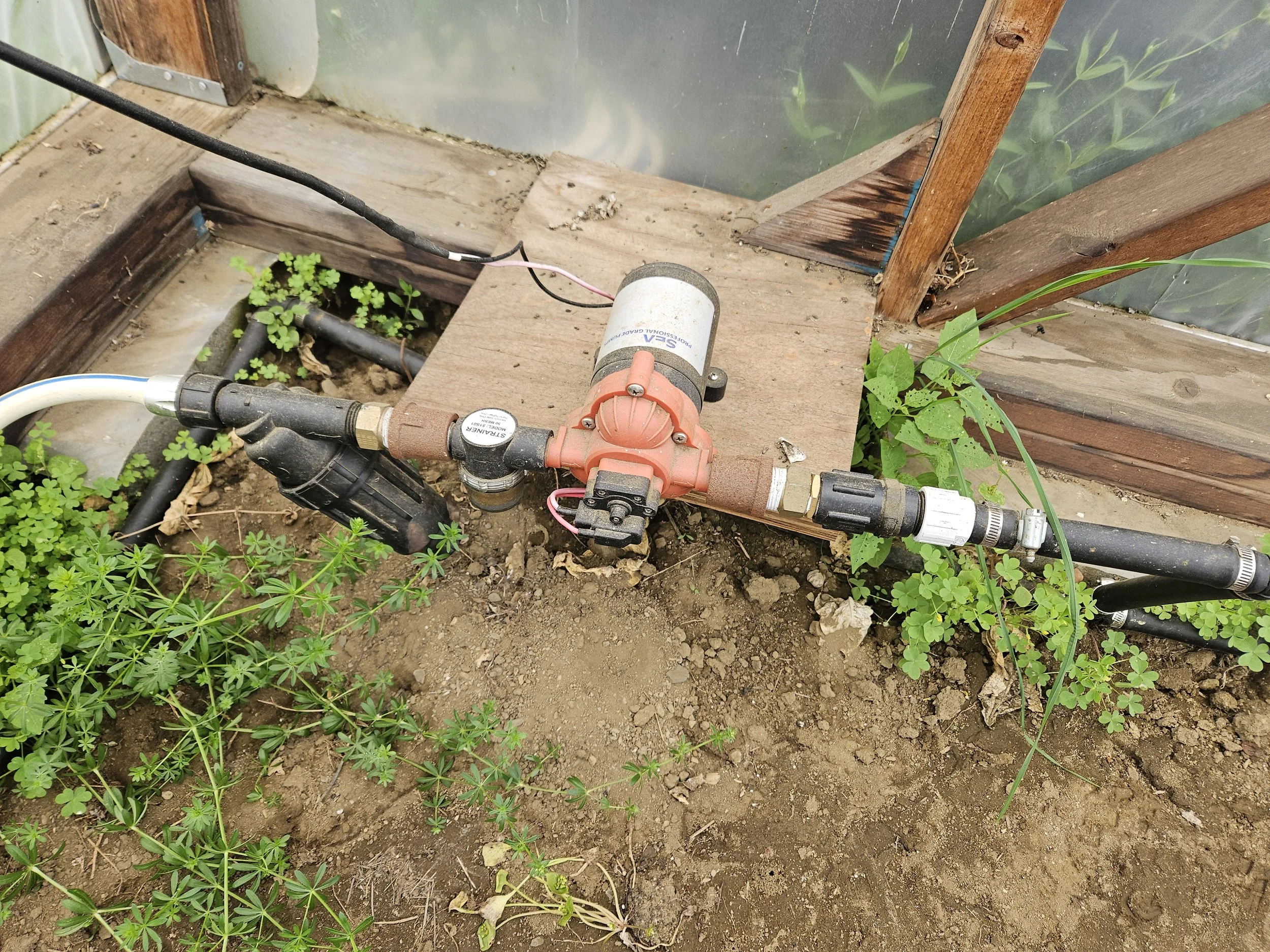 Irrigation pump assembly (white hose on left is input from IBC tank, output black hose on right goes to irrigation mains)