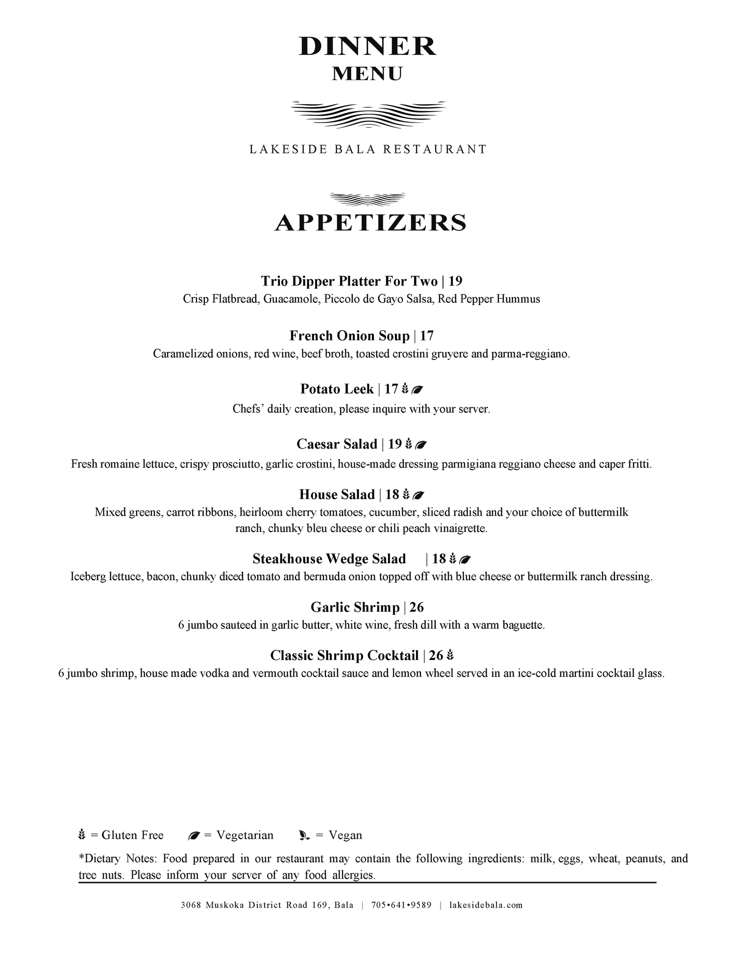 Menu — Lakeside Bala Restaurant