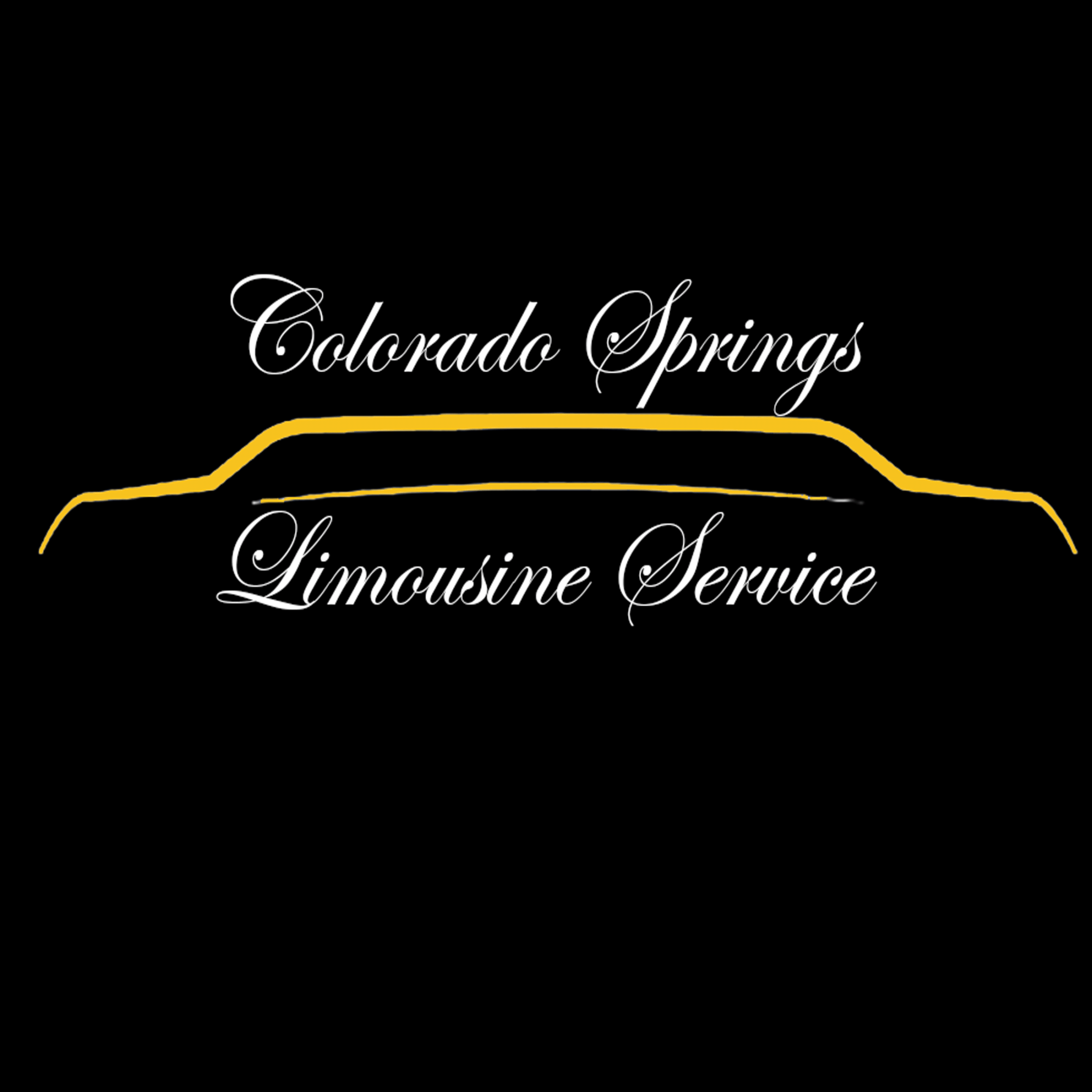 Logo for Colorado Springs Limousine Service featuring a stylized yellow limousine outline on a black background with elegant white cursive text.