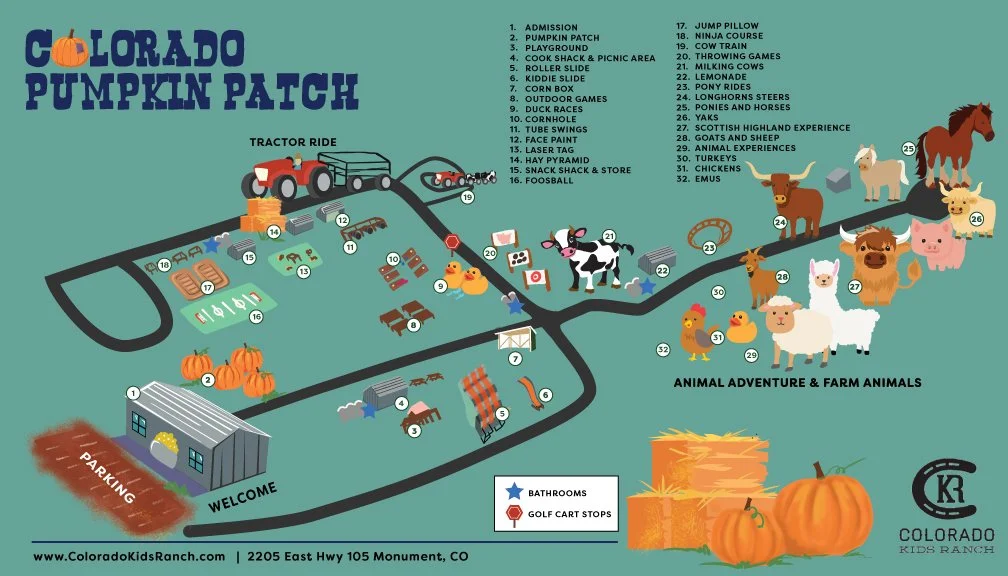 Map of Colorado Pumpkin Patch with numbered attractions including pumpkins, playground, animal encounters, and farm animals.