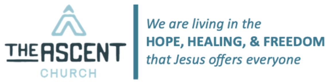 Logo of The Ascent Church with a stylized mountain icon and a message about hope, healing, and freedom through Jesus.