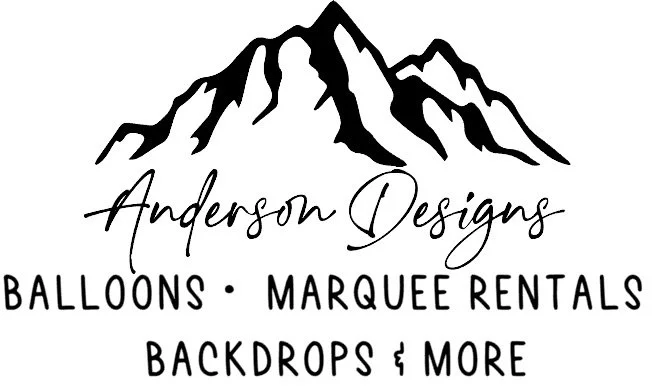 Logo with mountain illustration and text for Anderson Designs, including balloons, marquee rentals, backdrops, and more.