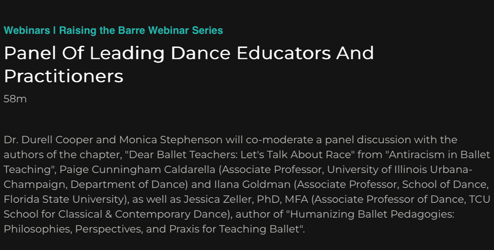 American Ballet Theatre National Training Curriculum Panel: “Raising the Barre: Panel of Leading Dance Educators and Practitioners” Panelists: Paige Cunningham Caldarella, Ilana Goldman, Dr. Jessica Zeller Co-Moderated by Monica Stephenson and Dr. Du