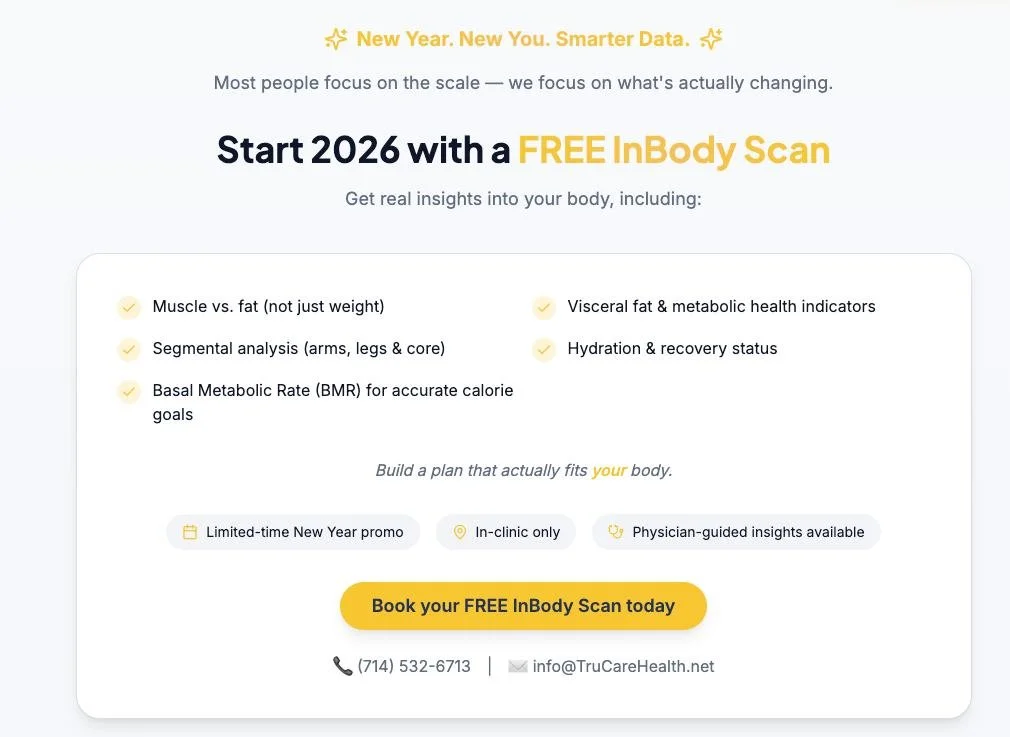 Scale Smarter in 2026 ⚖️➡️🧠

New Year. New You. Smarter Data.
The scale doesn&rsquo;t tell the full story &mdash; your body does.

Start 2026 with a FREE InBody Scan and discover what&rsquo;s actually changing inside your body:
💪 Muscle vs. fat
🔥 