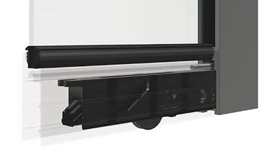 Sliding door bottom mechanism with wheel and rail system.