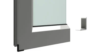 Close-up of a gray aluminum door frame with a glass panel and metal vent bracket.