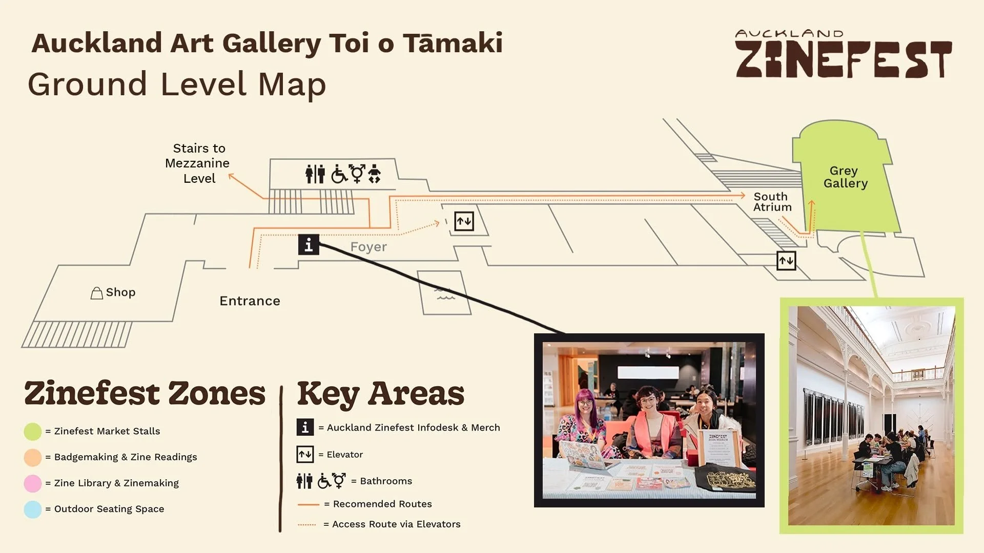 Who's ready for our 2025 Zinefest Market? ✨ Need some help getting around? Use our handy dandy maps to see we're we'll be in the @aucklandartgallery  on Saturday &amp; Sunday.

🧡 Zine Stalls &ndash; Te Ātea/North Atrium Grey Gallery on Ground Floor
