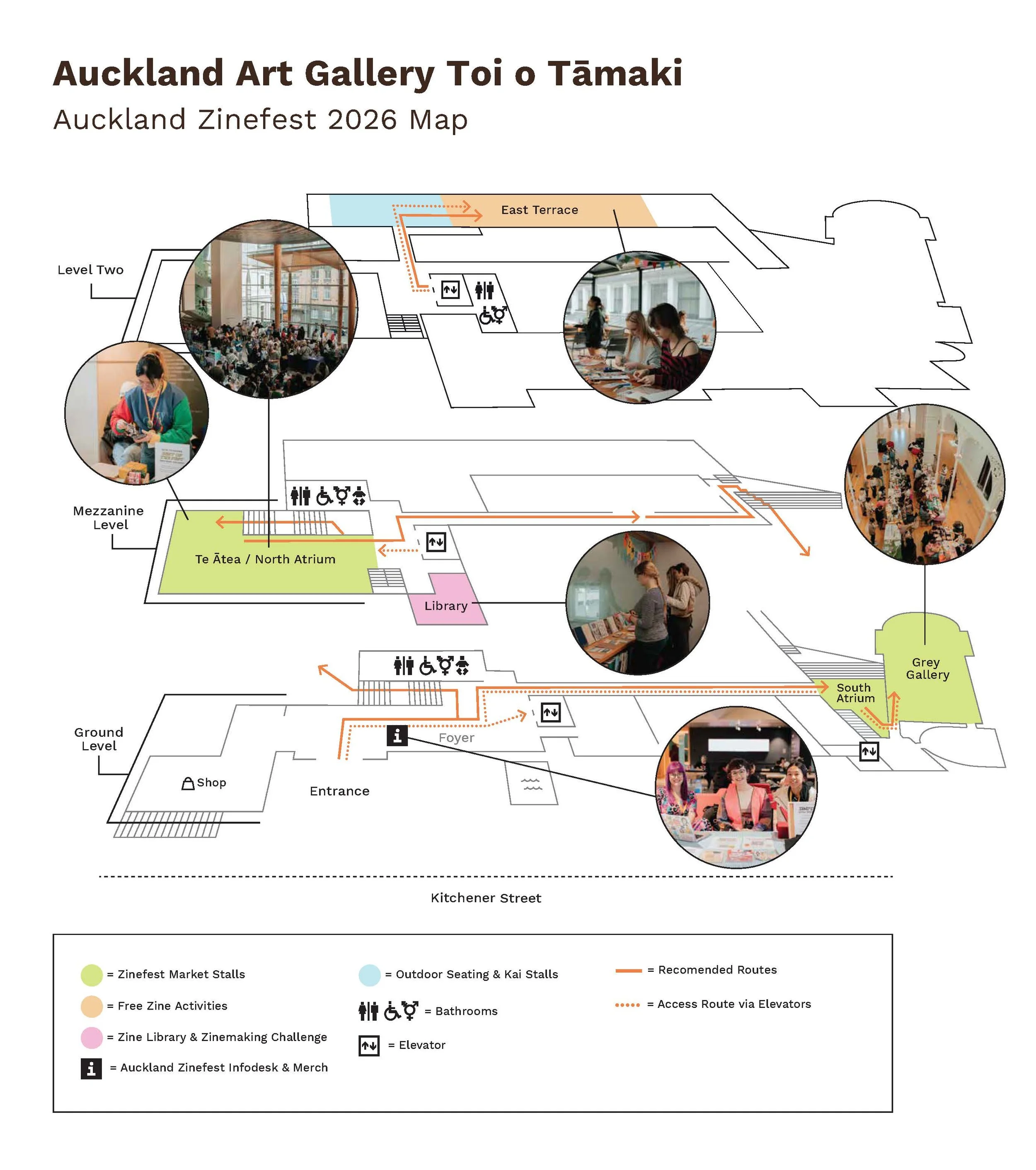 map of auckland art gallery showing the areas of activation during athe auckland zinefest maret weekend.