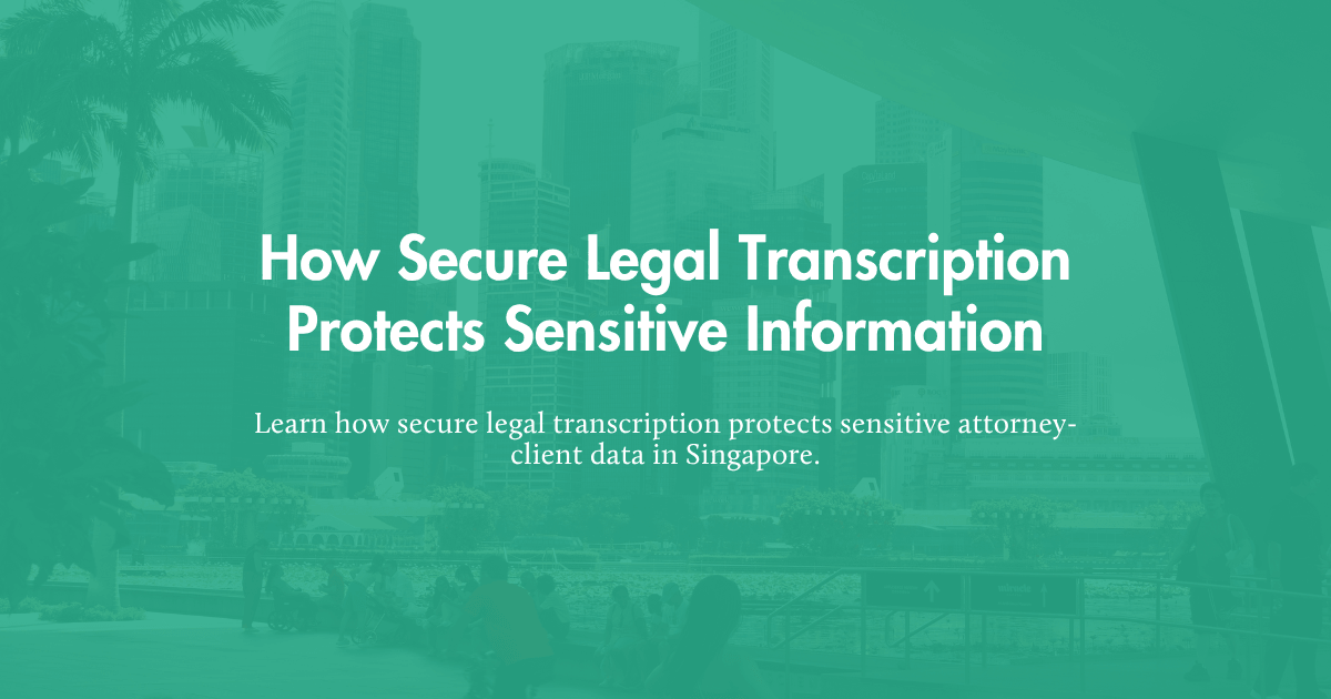 A secure, encrypted data server icon overlaying a close-up of a legal professional typing a confidential court transcript in a secure Singapore office.