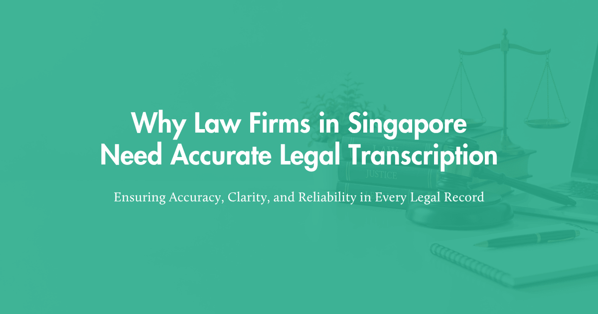 Professional legal transcription concept illustrating scales of justice and certified court transcripts for Singapore law firms
