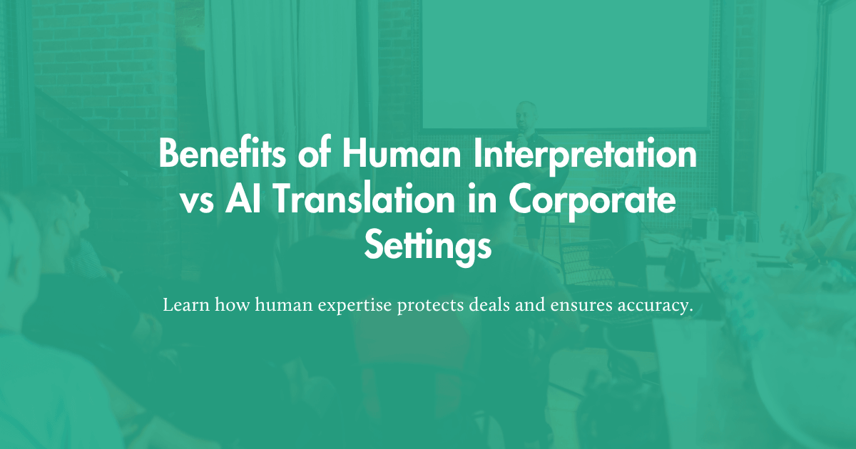 A side-by-side conceptual split showing a sleek digital AI translation interface on one side and a professional human interpreter connecting business executives on the other.