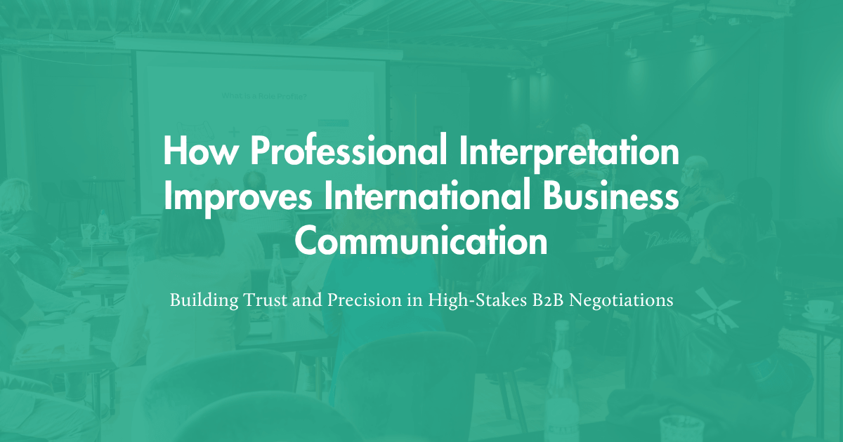 Professional interpreter providing simultaneous interpretation during an international B2B business conference.