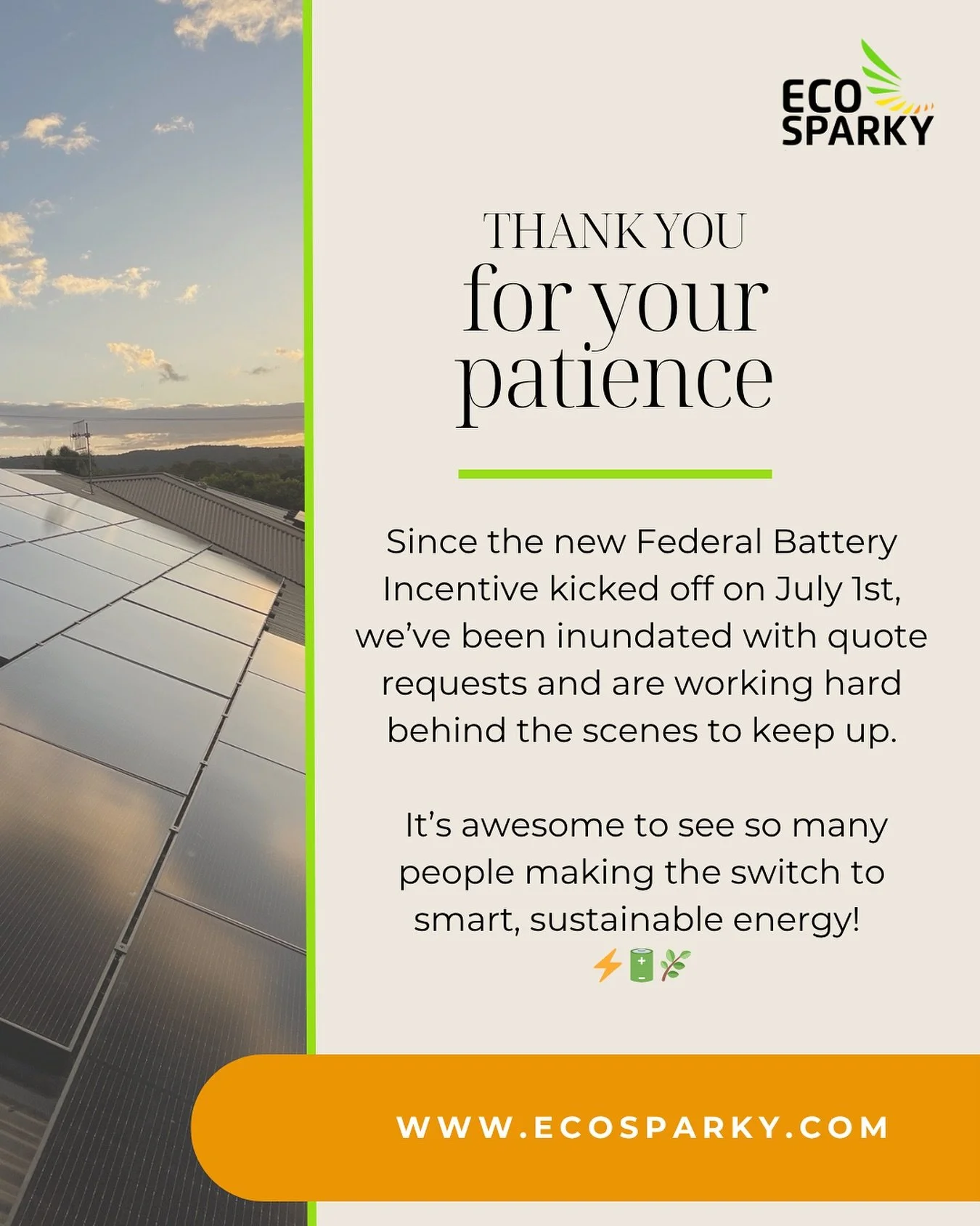 We&rsquo;re feeling the battery buzz! 🔋⚡

Since the Federal Battery Incentive launched on 1st July, we&rsquo;ve been absolutely inundated with quote requests ~ and we love to see it!

It&rsquo;s clear that more Aussies are ready to take control of t