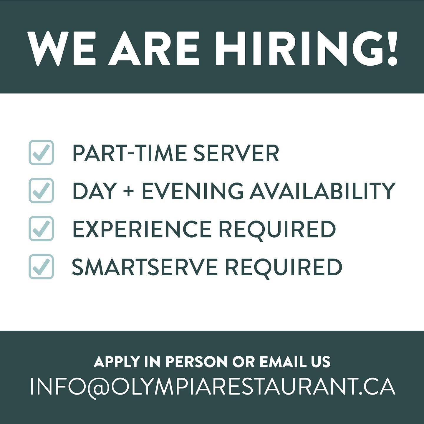 ✨WE ARE HIRING✨

We're looking to expand our front-of-house team, and would love to have YOU be a part of it! Spread the word to your friends and family -- Come be a part of the Olympia team! &hearts;️

Apply in person or send us an email at info@oly