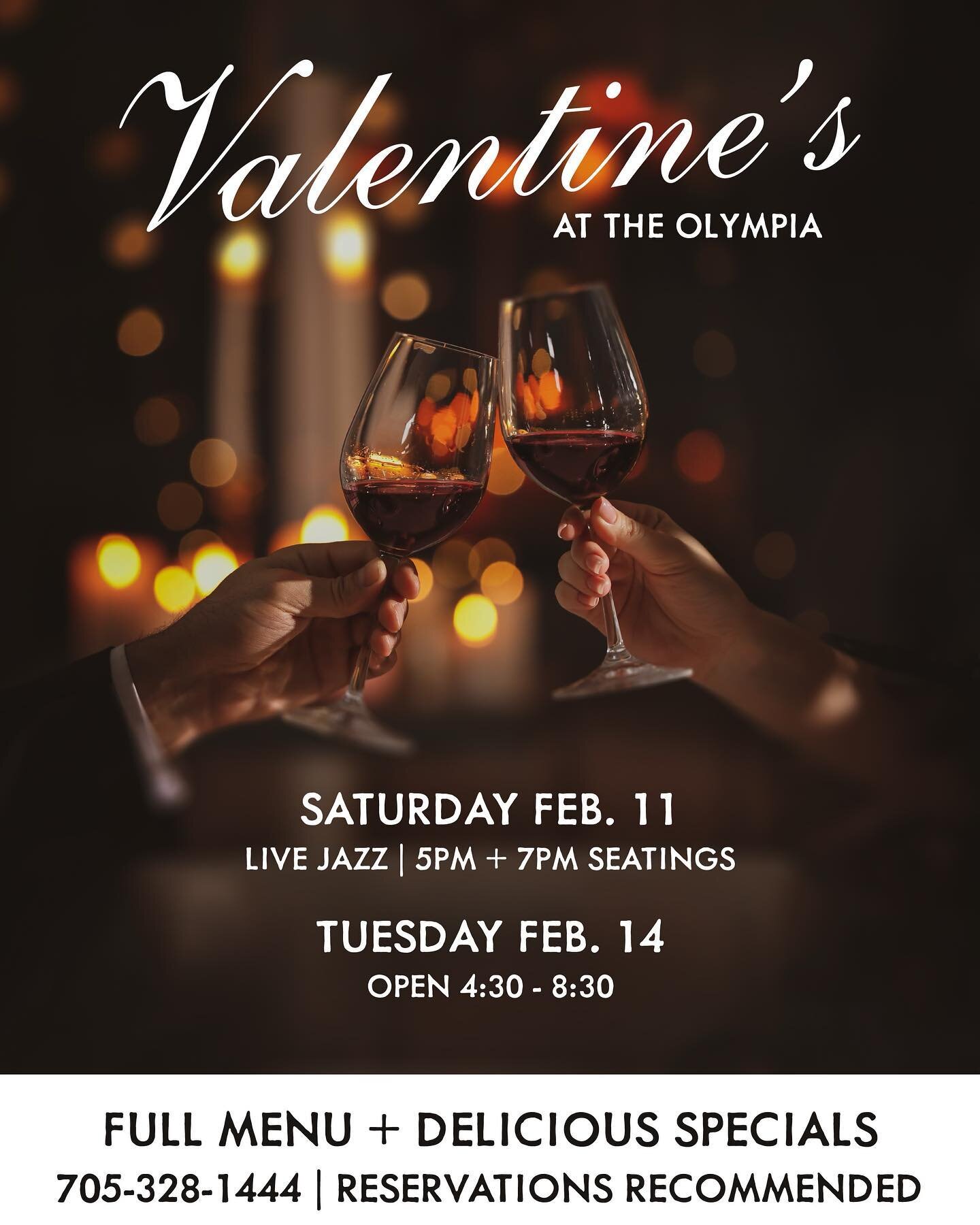 Love is in the air! 💕

Celebrate love with delicious specials, champagne meringue cocktails, and scrumptious desserts. Saturday will also feature steak specials + live jazz🍴

Call to reserve your table at 705-328-1444✨