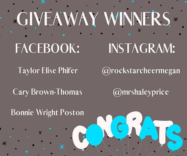 💥GIVEAWAY WINNERS💥

1-HOUR PRIVATE LESSON: @rockstarcheermegan 
1- FREE ADULT FITNESS CLASS: Bonnie Wright Poston

T-SHIRT WINNERS:
Taylor Elise Phifer
Cary Brown-Thomas
@mrshaleyprice 
From the bottom of my heart, I want to thank you all for your 