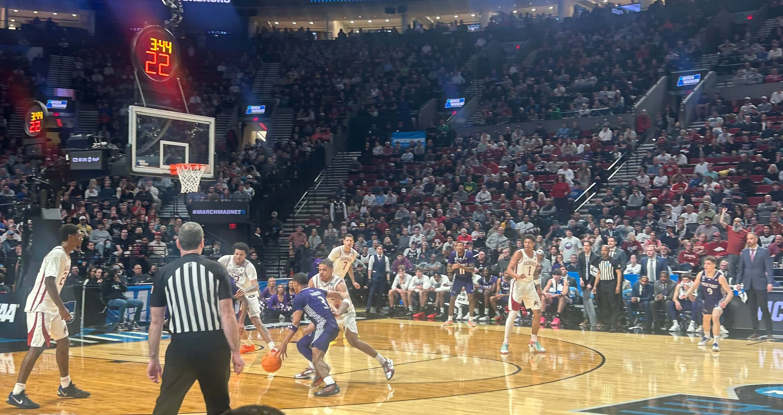 High Point’s Rob Martin (3) drives on Arkansas’ Darius Acuff Jr. in a duel between two of the nation’s top point guards