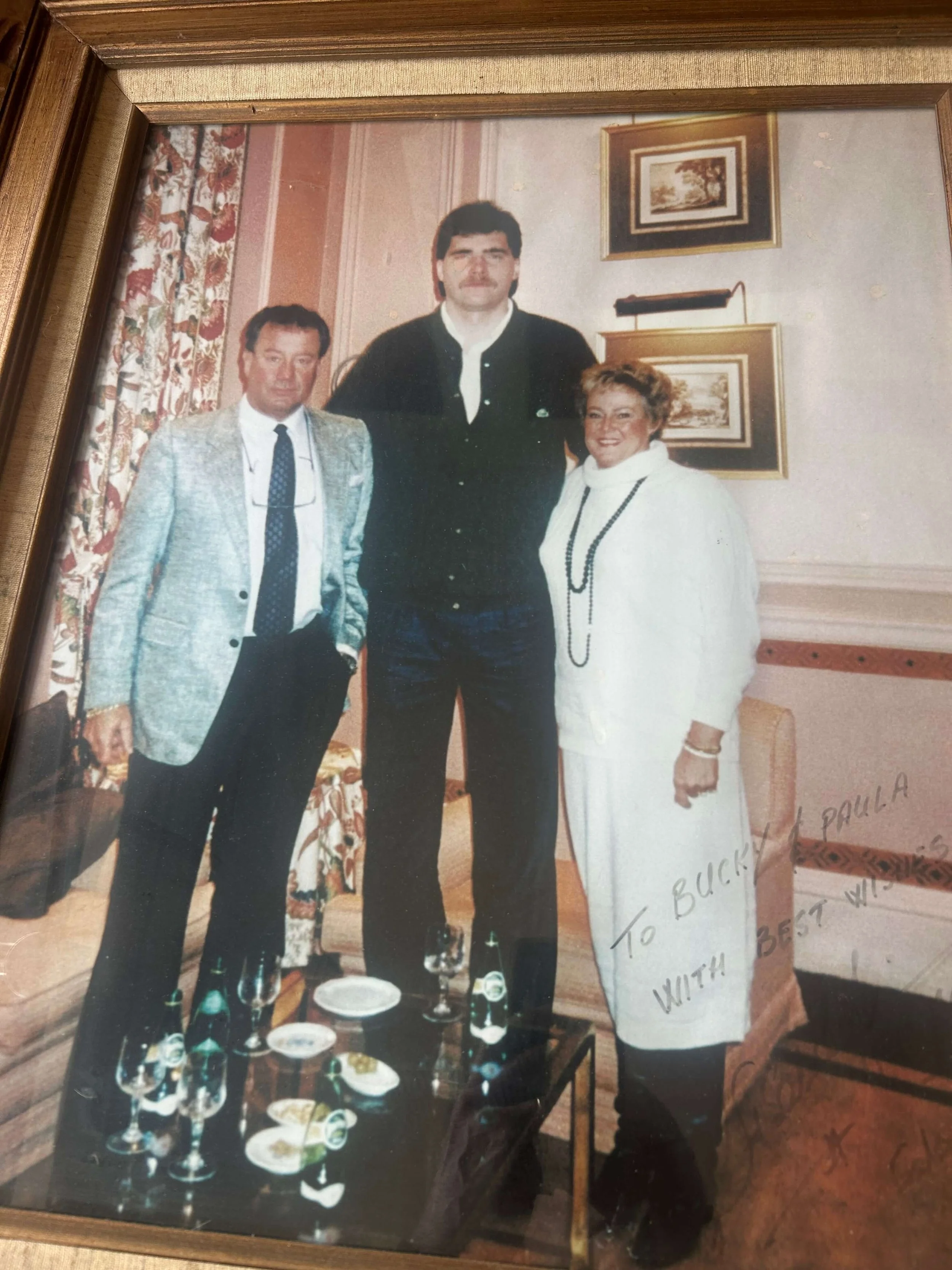 Bucky and wife Paula flank Arvydas Sabonis, one of Bucky’s greatest “recruits” for the Blazers (courtesy Bucky Buckwalter)
