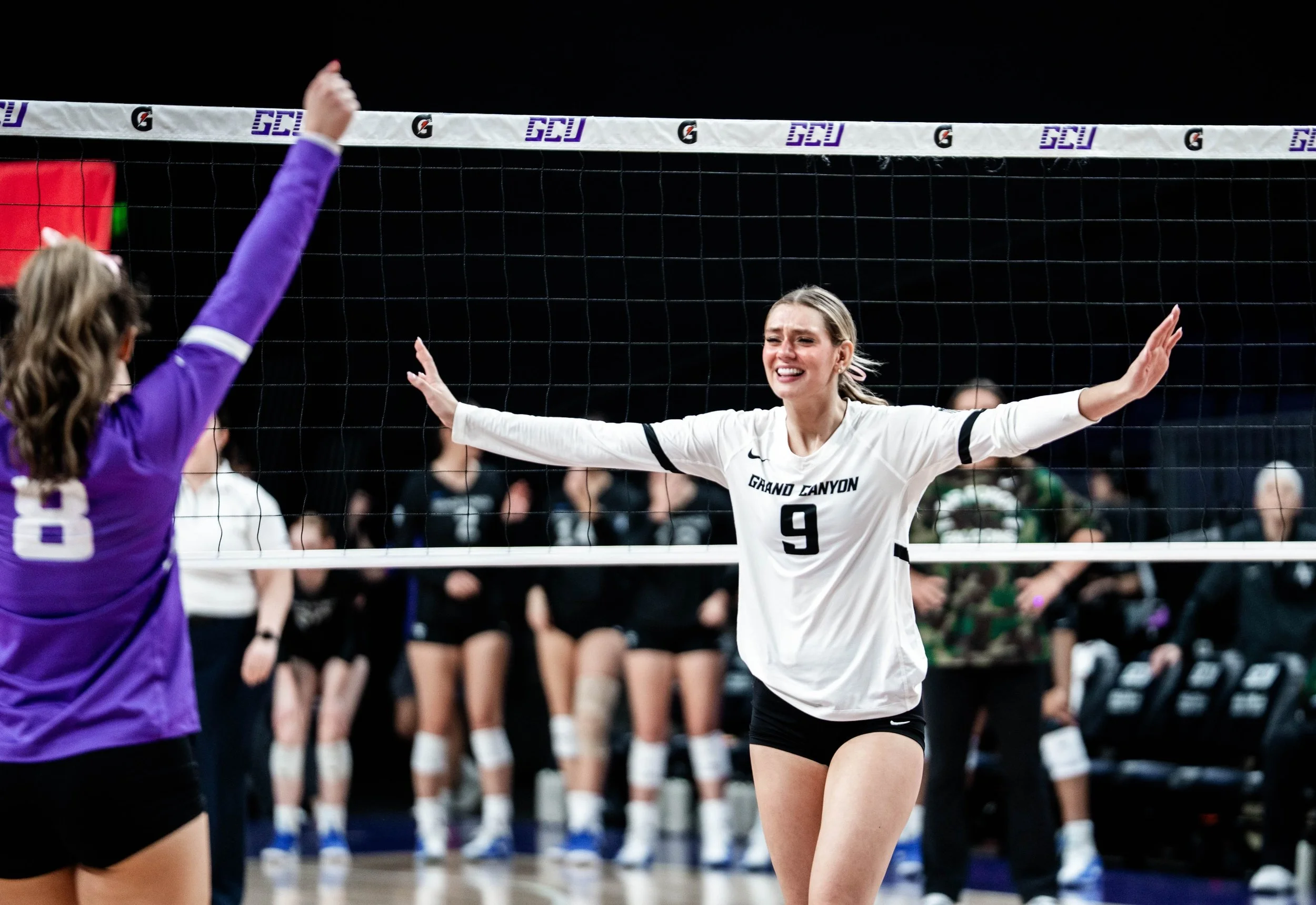 Macey Hughes, here doing the “airplane” for Grand Canyon, says some of her favorite volleyball memories came playing for G3 (courtesy Grand Canyon athletics)