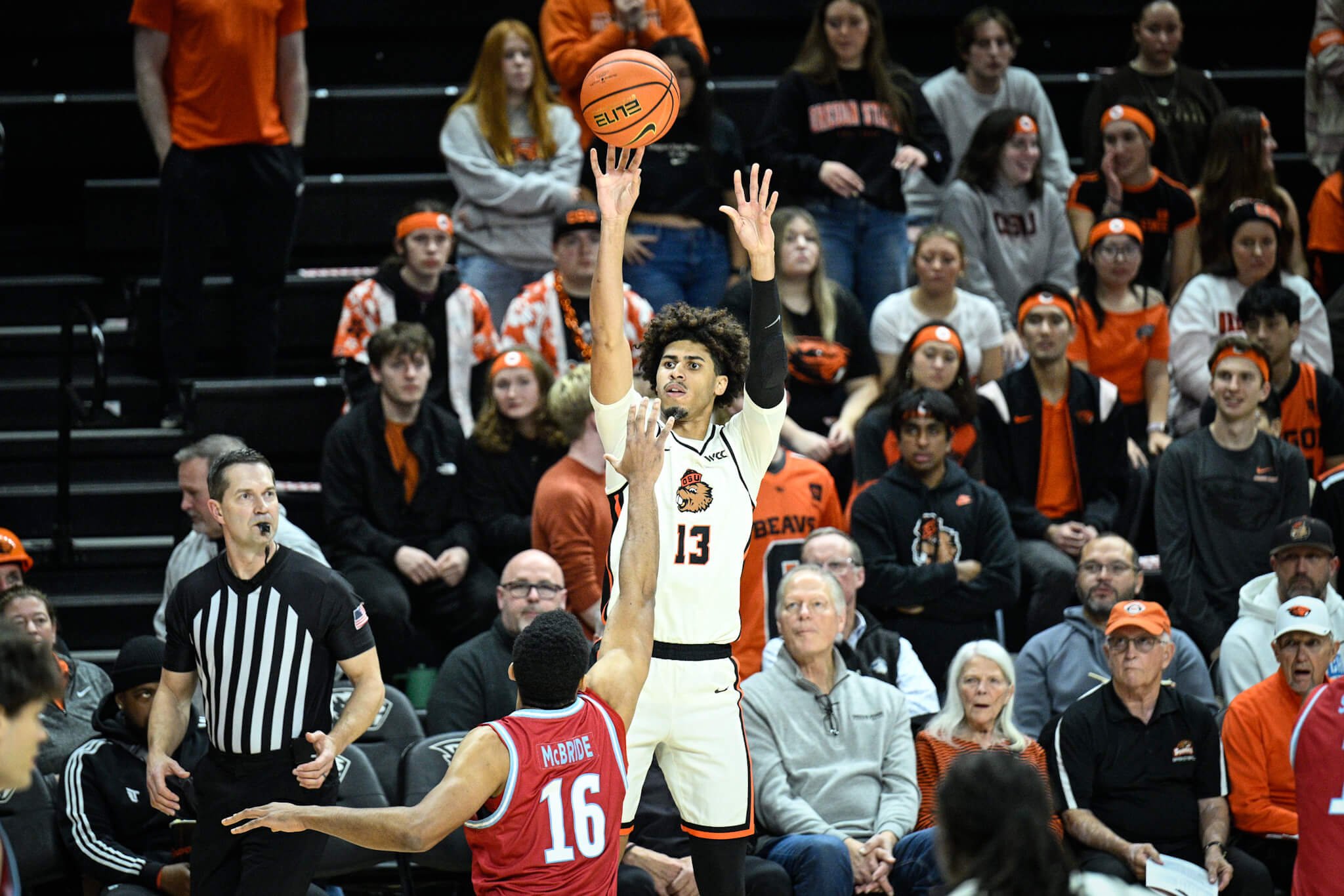 Junior forward Isaiah Sy, coming off career highs of 25 points and 11 rebounds in Wednesday’s win over Loyola Marymount, is a key to the remainder of Oregon State’s season (courtesy Karl Maasdam/OSU sports communications)