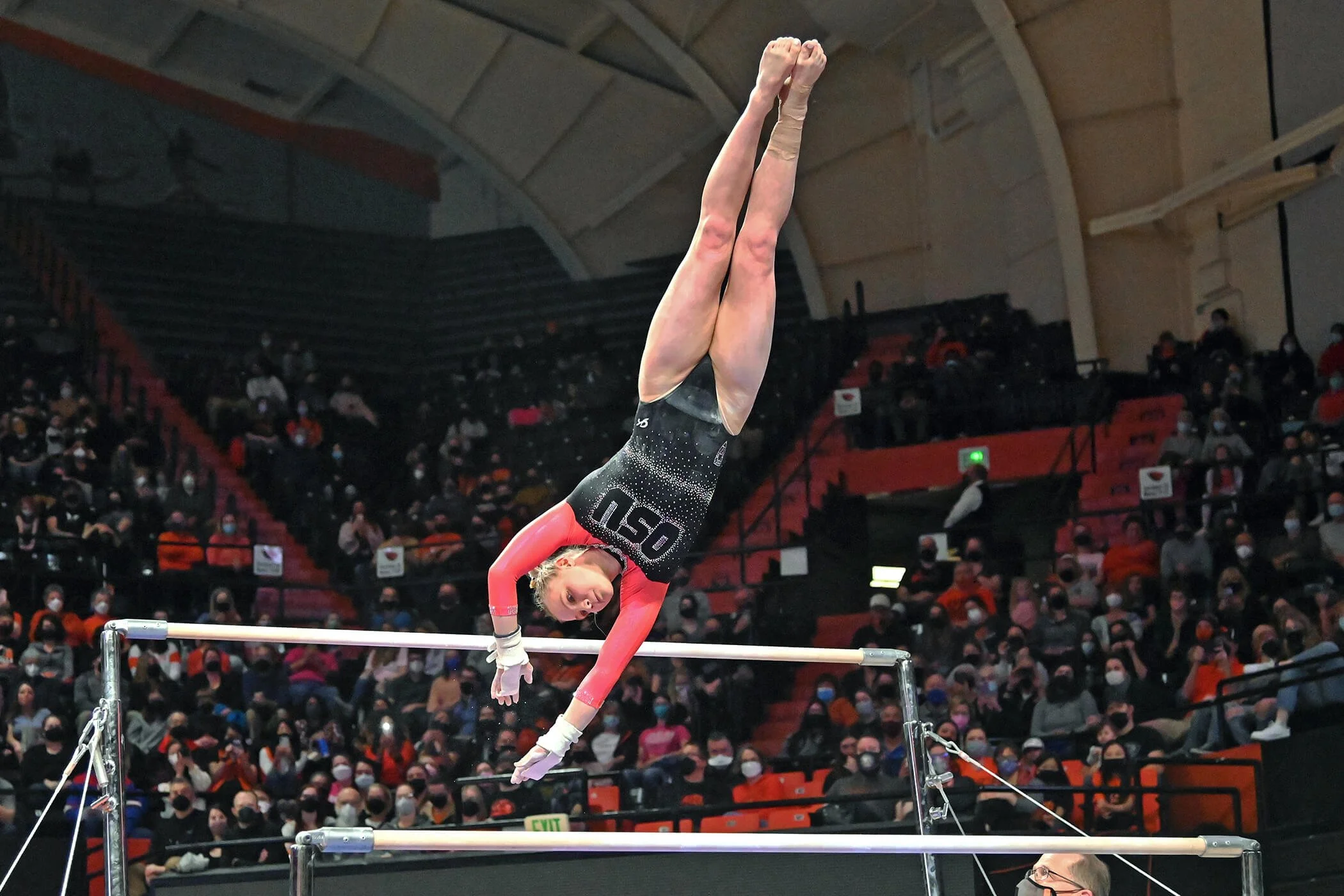 OSU’s Jade Carey works with Olympian precision on the uneven parallel bars in 2022 (courtesy Dave Nishitani)