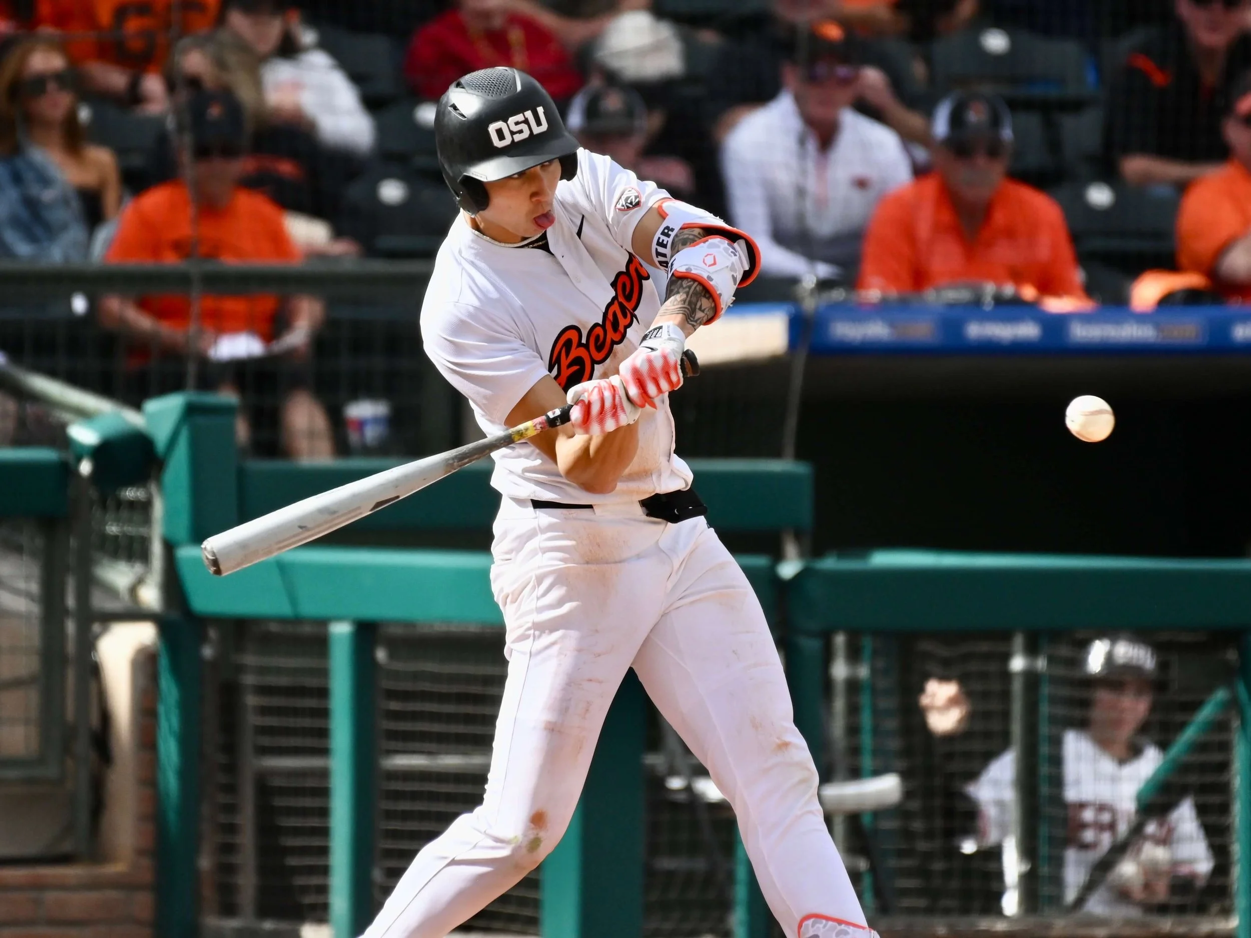 OSU’s Aiva Arquette keeps his eyes on the ball before ripping a double in 2025 (courtesy Dominic Cusimano)