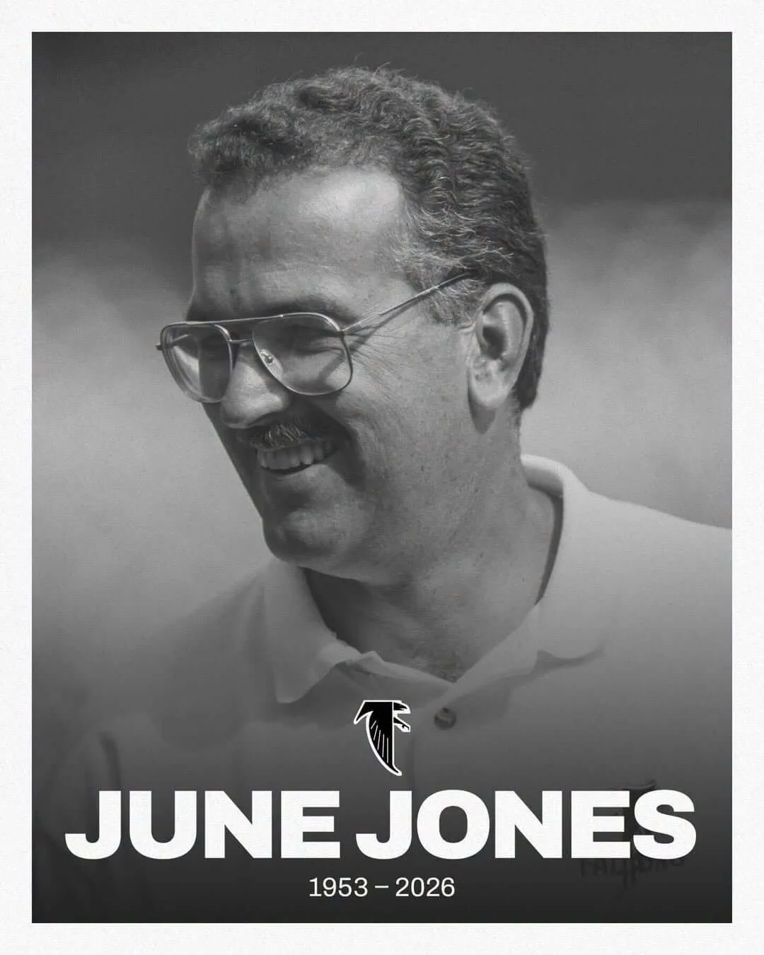 Jones played for five years and was head coach for three years in Atlanta. On Thursday, the Falcons paid tribute after his passing (courtesy Atlanta Falcons)
