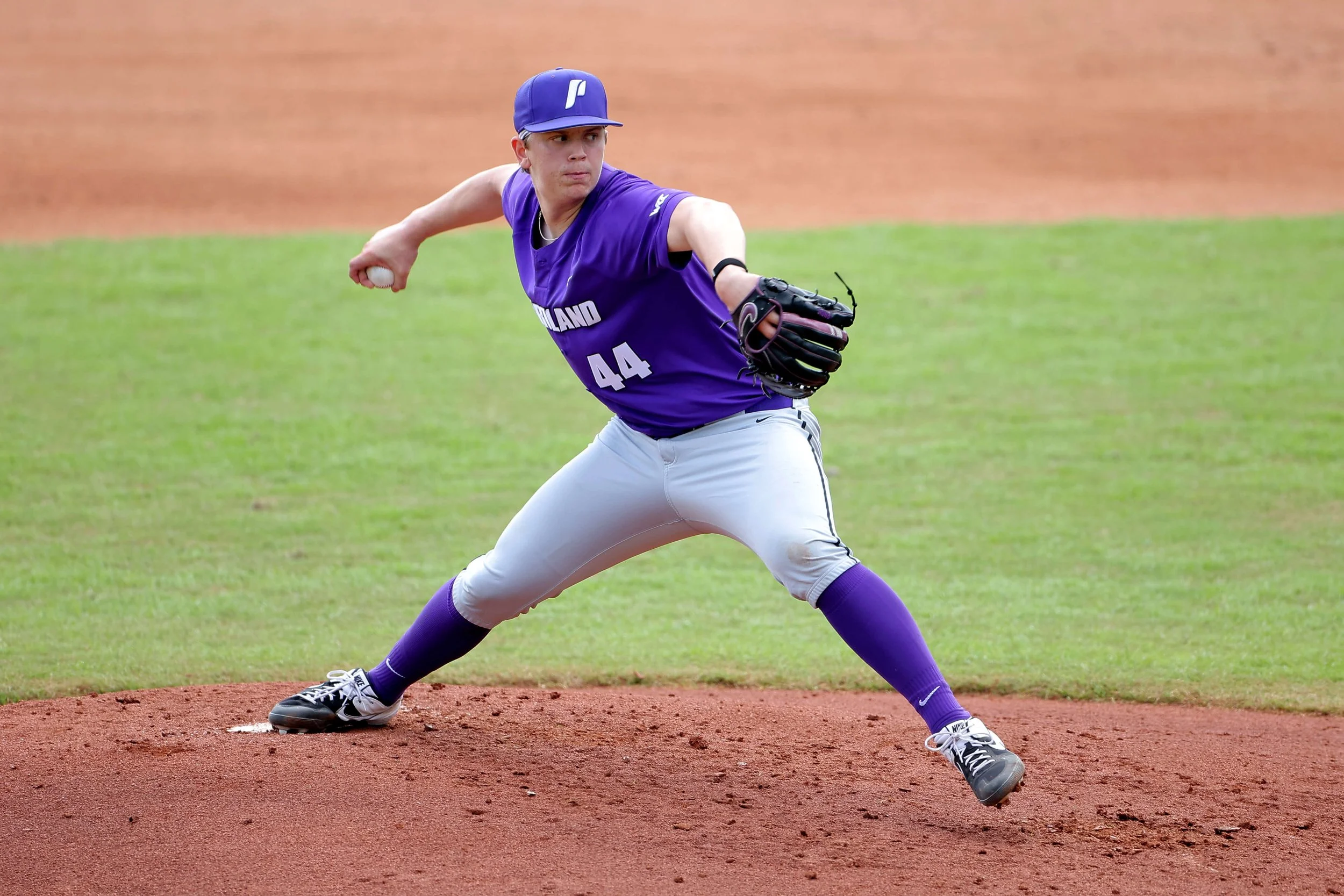 Sophomore two-way star Trey Swygart, shown here pitching in a win over Purdue, will be on the mound when the Pilots began their crucial three-game series with Pacific at Joe Etzel Field (courtesy UP sports communications)