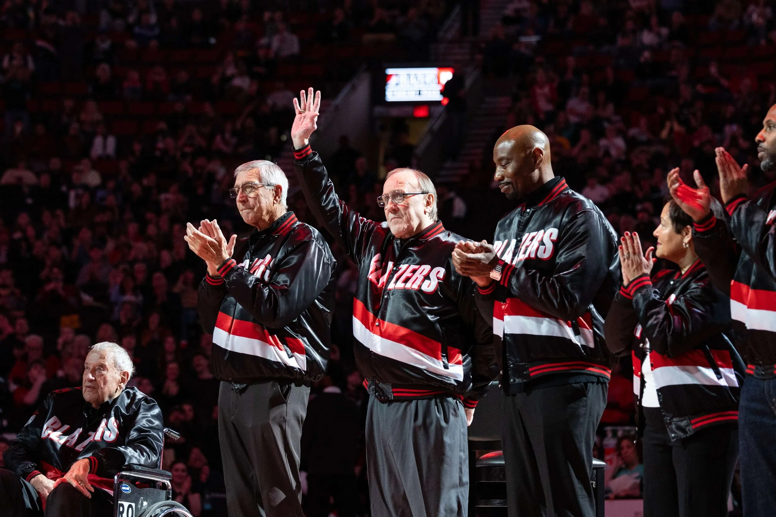 From left, Bucky Buckwalter (in wheelchair), assistant coach John Wetzel, Adelman and guard Byron Irvin during a 2025 celebration of the 1990 and ’92 Portland teams that reached the NBA Finals   (courtesy Bruce Ely)