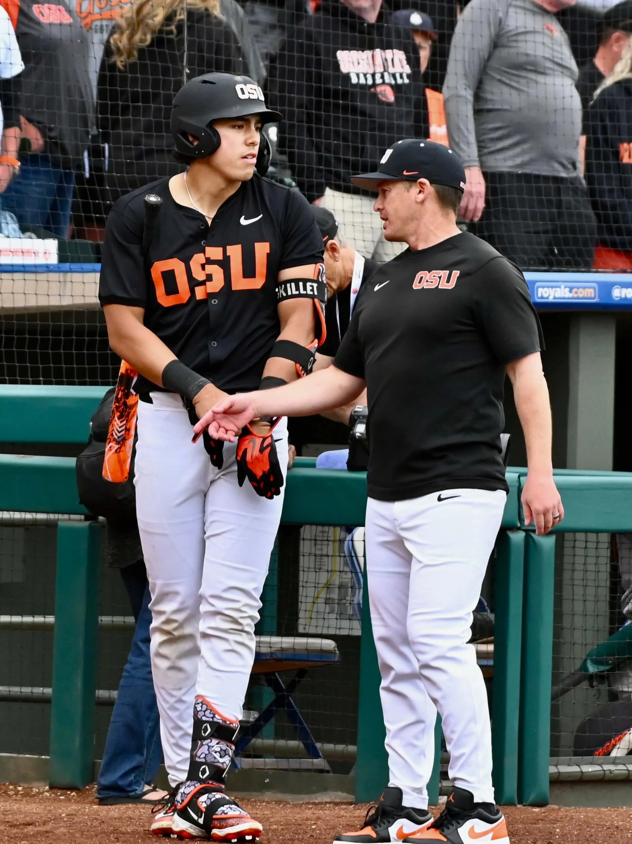 Assistant coach Ryan Gipson (right) says freshman left-fielder Josh Proctor will be part of Oregon State’s “core nucleus” next season (courtesy Dominic Cusimano)