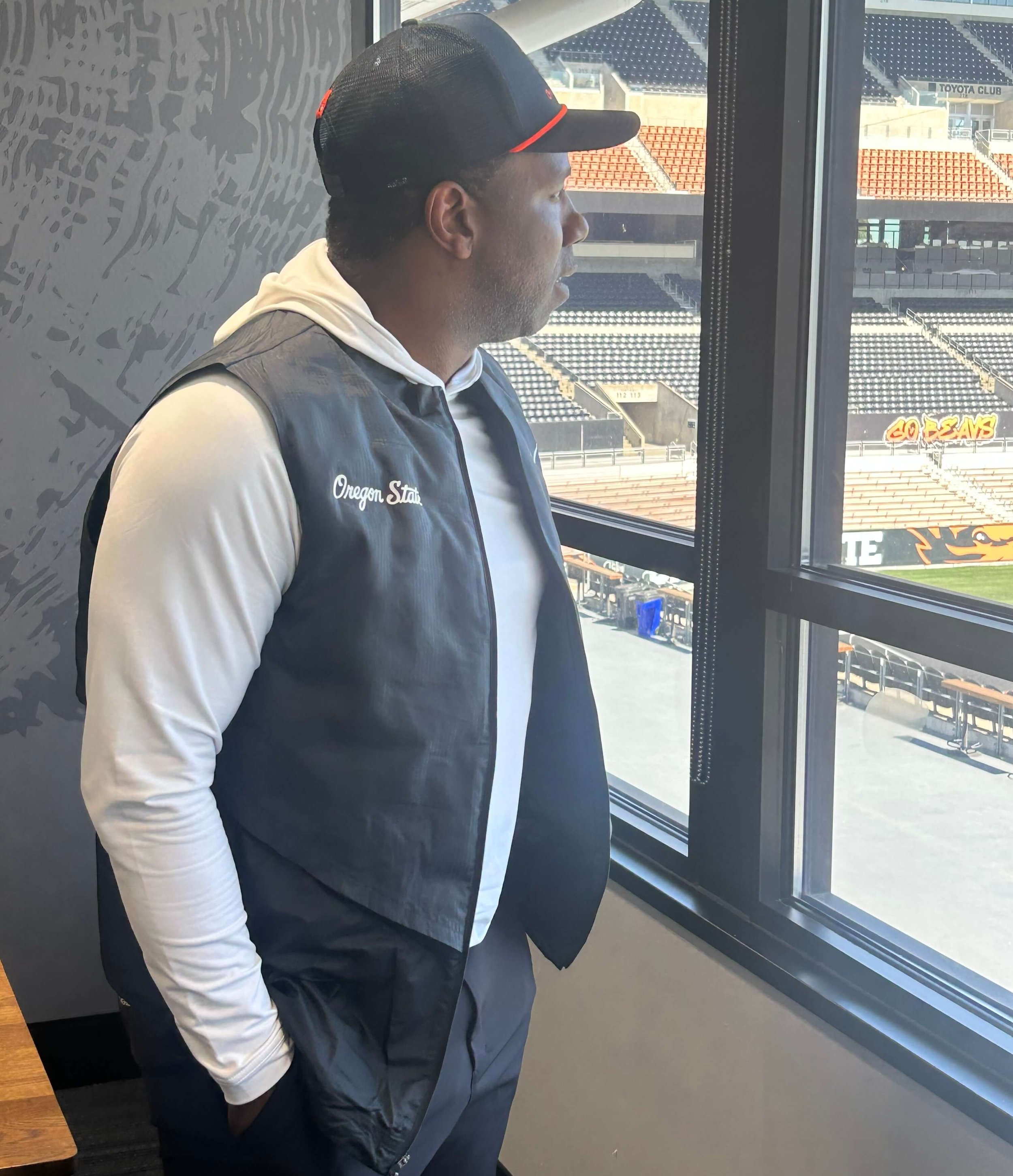 Shephard, here looking out his Valley Football Center office onto Reser Stadium, says a key to the Beavers’ offense will be eliminating turnovers