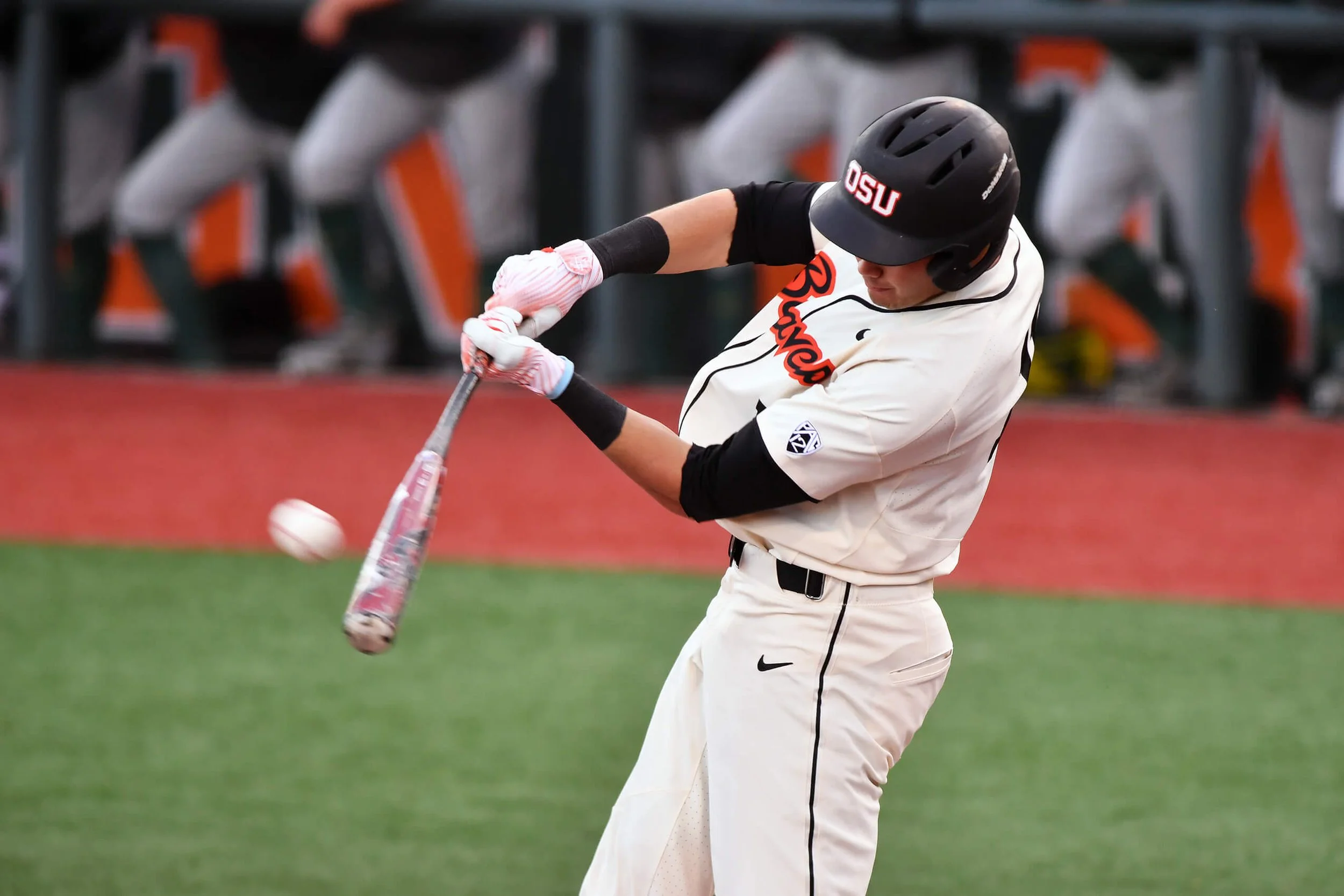 Larnach had one of the biggest hits in Oregon State history, a two-run, ninth-inning homer against Arkansas in Game 2 of the 2018 College World Series championship series (courtesy Dave Nishitani)