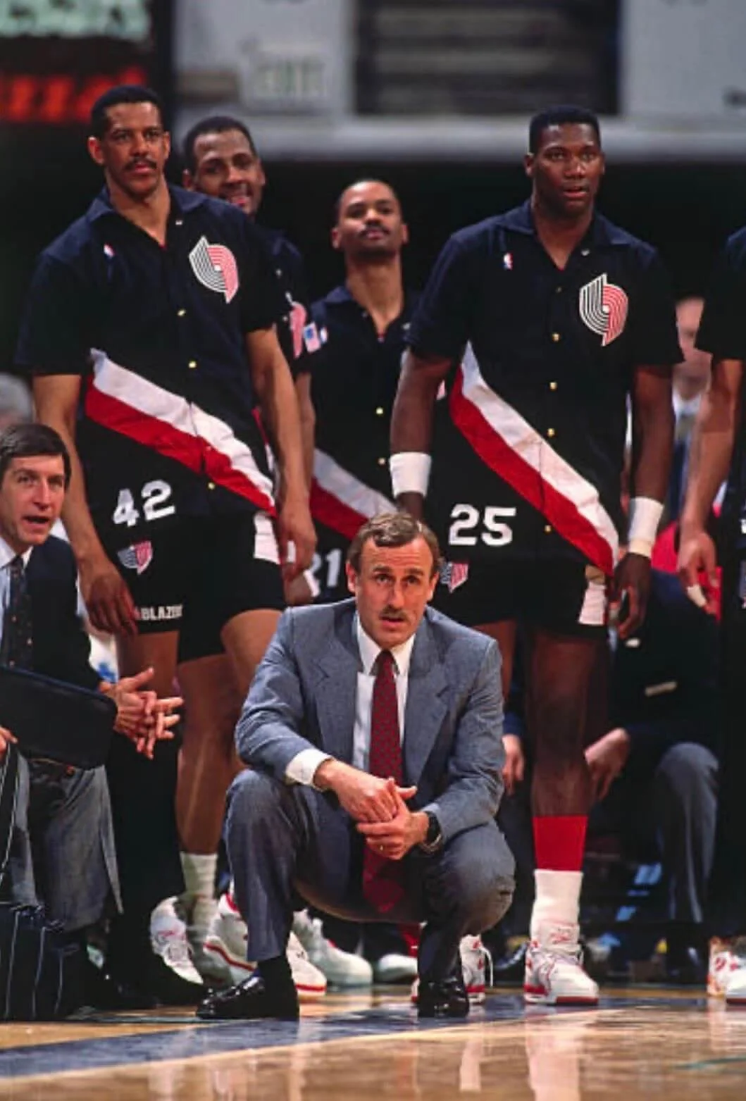 Adelman during the 1991 NBA playoffs, flanked by, from left, John Wetzel, Wayne Cooper, Kevin Duckworth, Danny Young and Jerome Kersey (courtesy John Wetzel)