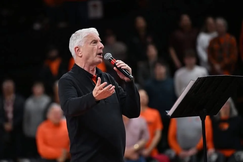 Ron Callan, radio play-by-play voice of Oregon State women’s basketball, sang the national anthems of three countries on Senior Day last Saturday (courtesy Ron Callan)