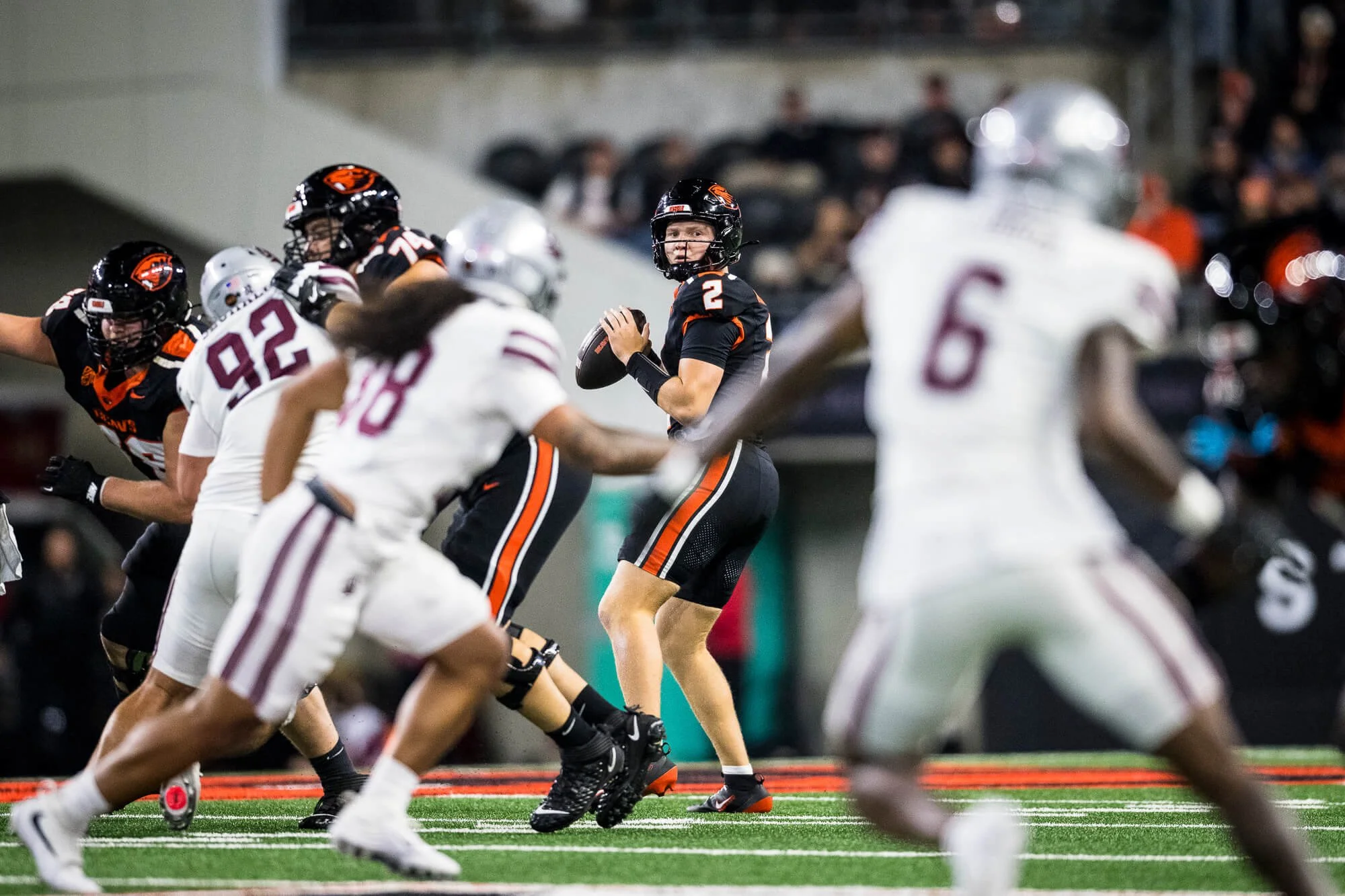 Braden Atkinson threw for 333 yards and five touchdowns in little more than a half in Saturday’s 52-17 rout of Montana (courtesy Karl Maasdam/OSU sports communications)